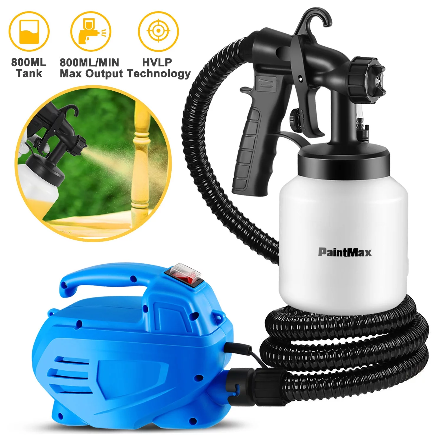 PaintMax 800ML Paint Spray Painter 650W Paint Sprayer Machine 800ML/Min Output HVLP Oil Primer Water Sprayer w/ 3 Spraying Patterns Motor Strap Detachable Container