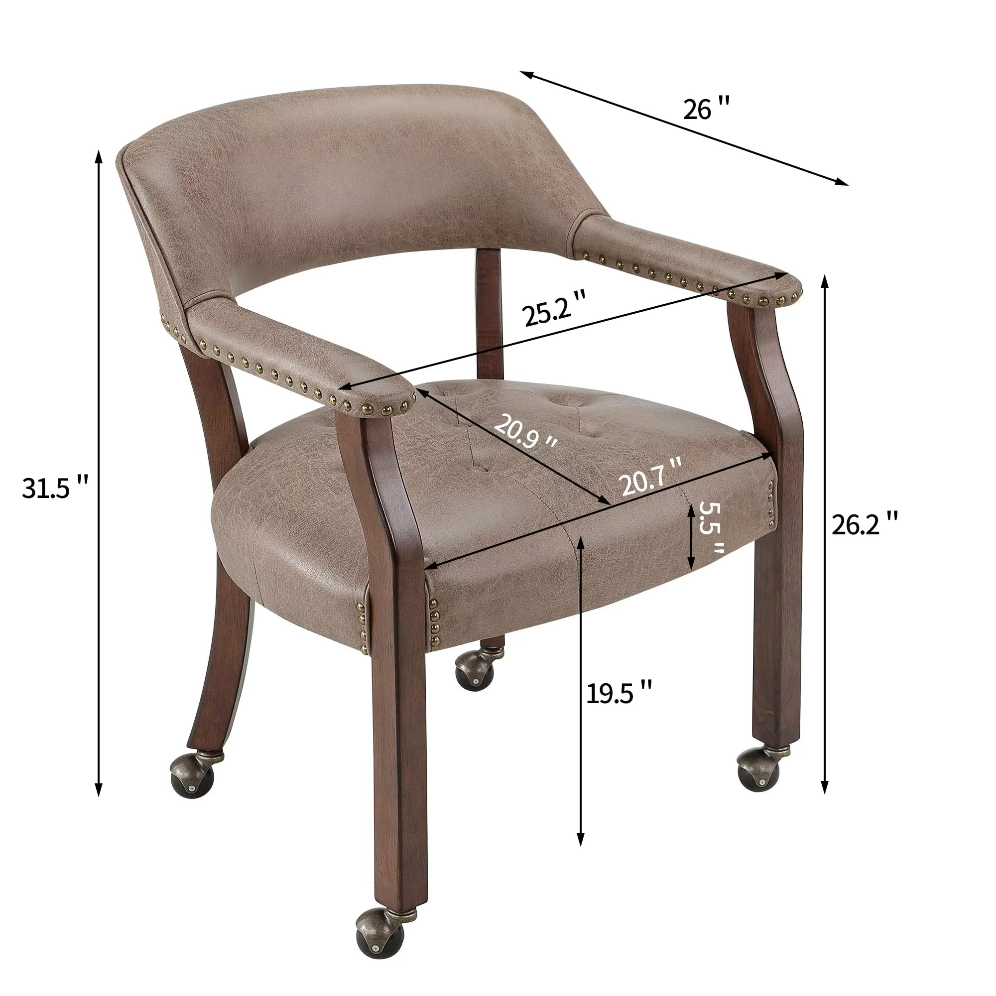 JESONVID Dining Chair with Casters Set of 2, Captain's Chair with Caster Dining Room Chairs with Rollers Curving Backrest Dinette Sets Poker Chair with Wheels Kitchen Table Rolling Chairs,Light Wheat