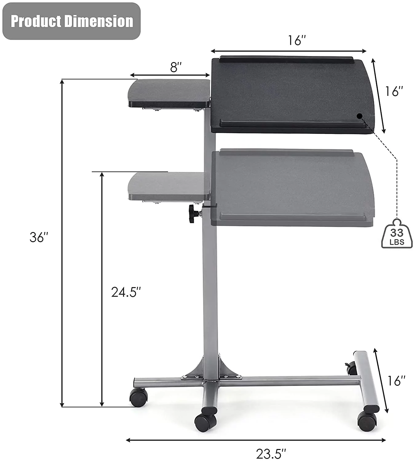 Overbed Laptop Desk, Mobile Laptop Stand with Tilting Tabletop, Rolling Height Adjustable Bedside Table with Mouse Pad Cup Holder