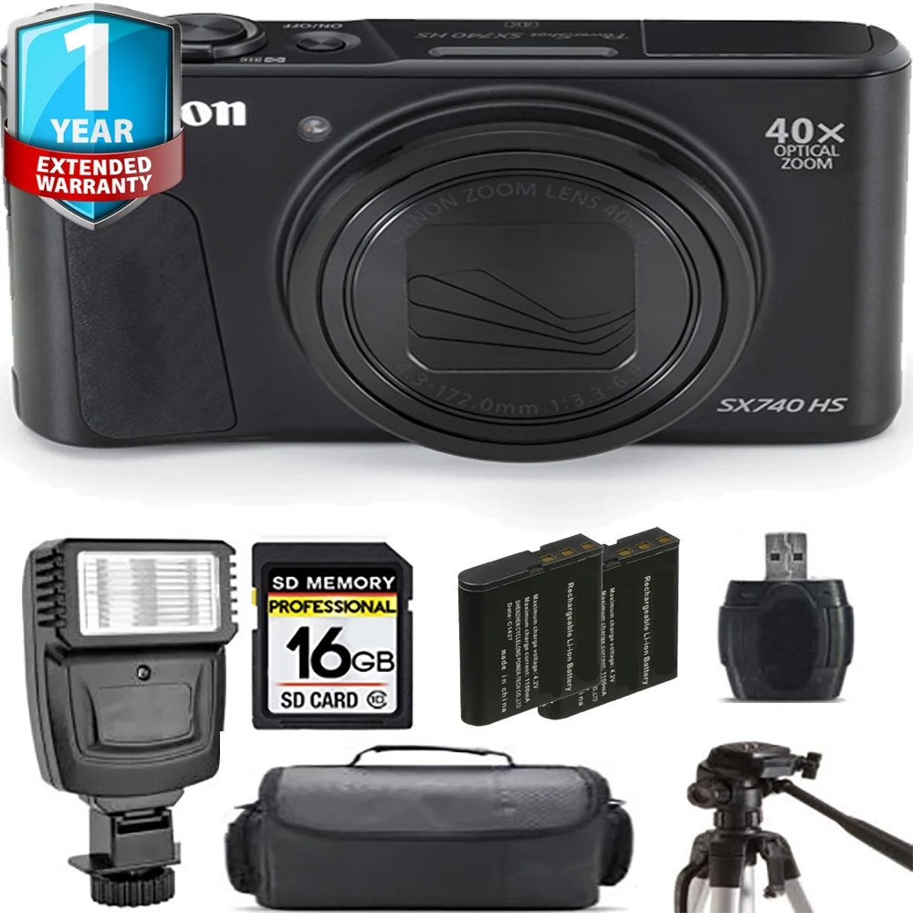 Canon PowerShot SX740 HS Digital Camera (Black) + Extra Battery + Flash+ 1 Yr Warranty