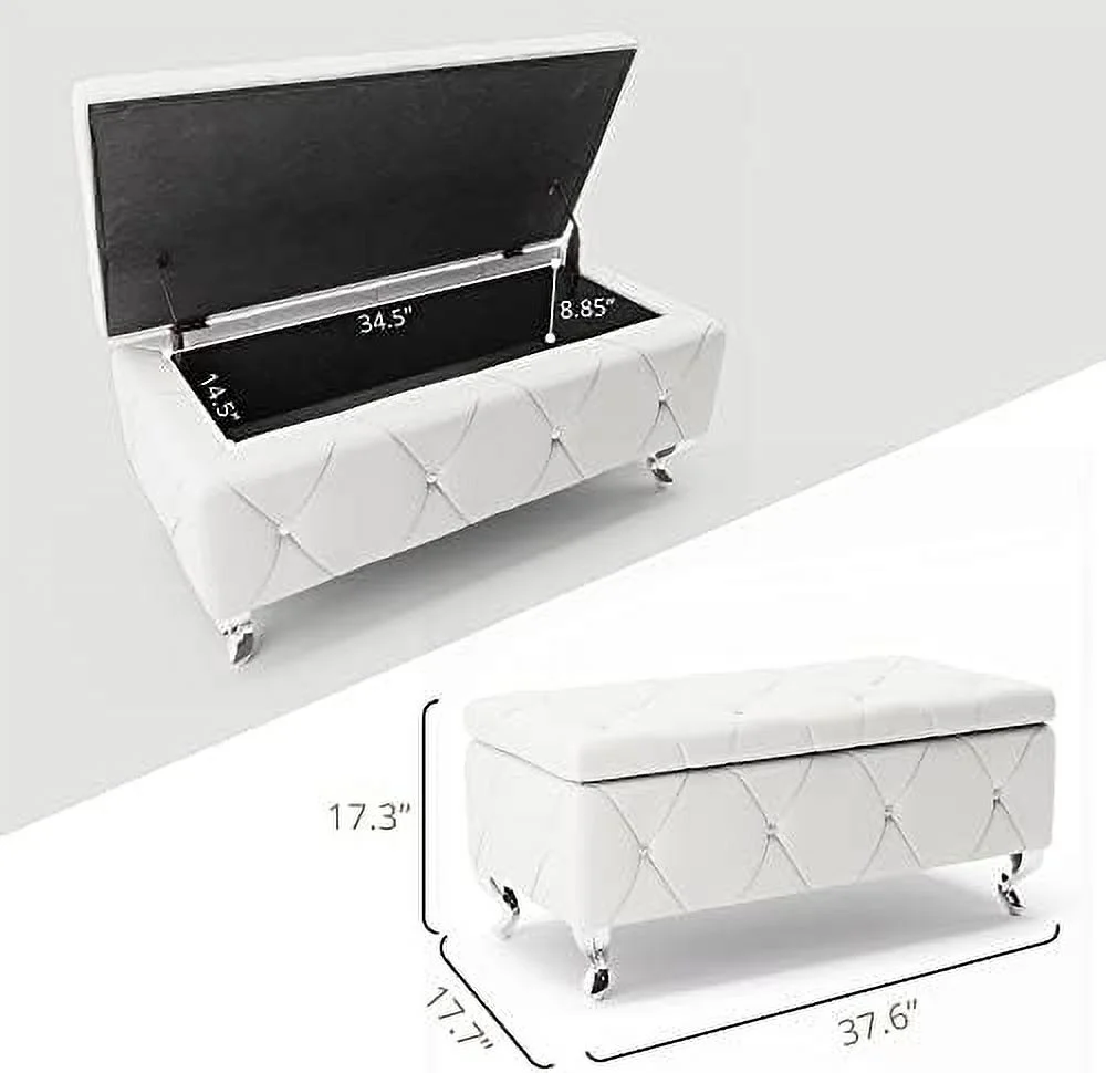 HYHBIBOOM Ottoman Bench  23'' Upholstered White Faux Leather Ottoman with Crystal Tufted Button  Flip Top Foot   End of Bed Bench  Bench Seat for Bedroom  Living Room  Vanity  300