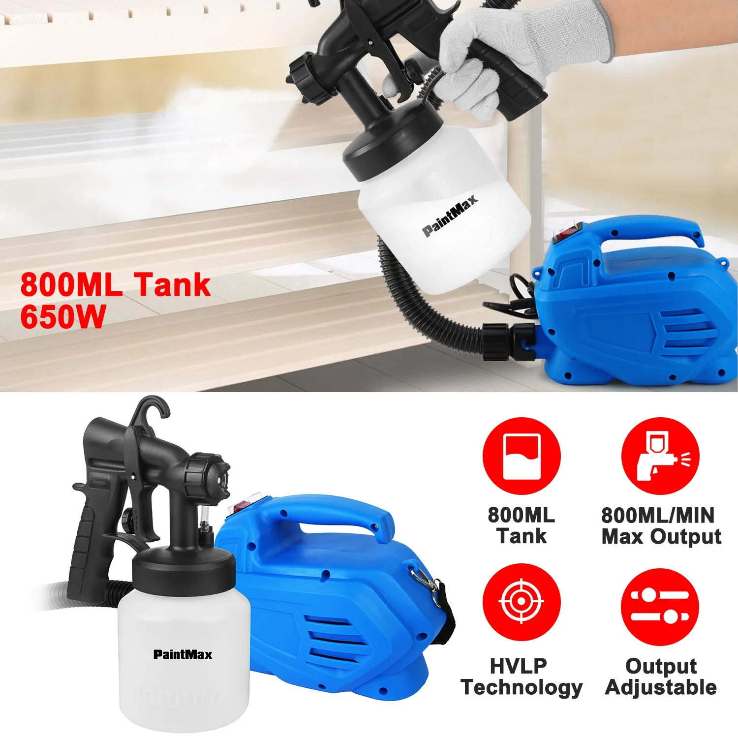 800ML Paint Sprayer iMounTEK 650W HVLP Spray Gun Power Painter with 3 Patterns Oil Primer Water Sprayer for Furniture Cabinets Fence Walls Door Garden Chairs