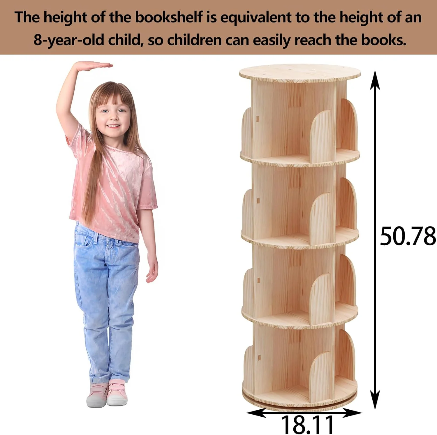 YANRUI 4 Tier Rotating Bookshelf, 360 Display Spinning Bookshelf, Rotating Bookcase for Kids&Adults,Kids Bookshelf and Toy Storage,Wood Bookshelf(50