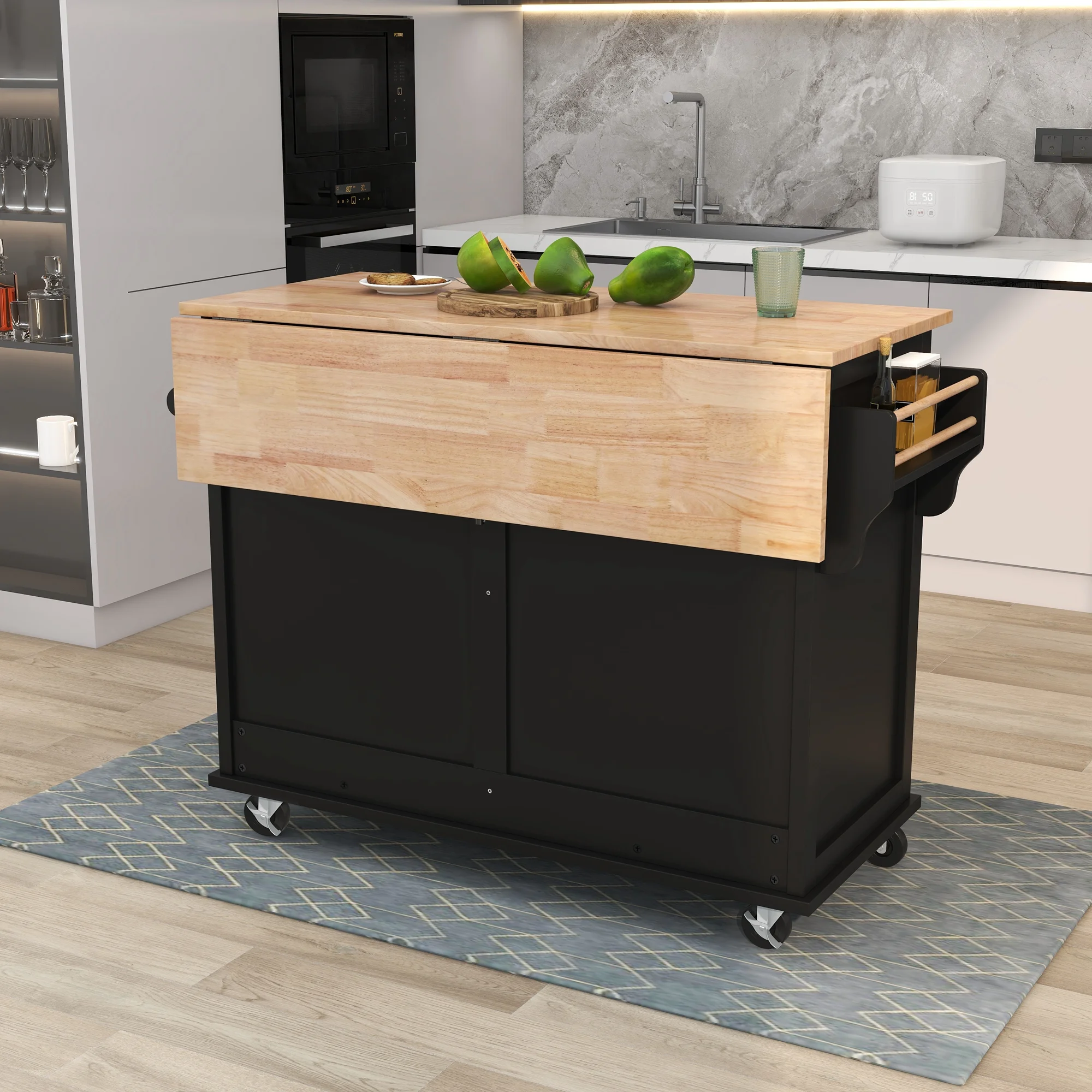 Kitchen Cart with Rubber Wood Drop-Leaf Countertop and Concealed Sliding Barn Door, Kitchen Island with Storage Cabinet and 2 Drawers, Black