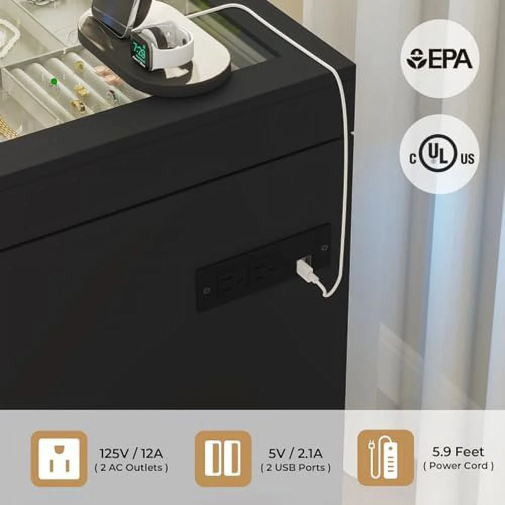 TQJKLFDY LED Nightstand with Charging Station & Sliding Top  Black Night Stand with Glass Top & Jewelry Tray  Bedside Table with Drawers & Pull-Out Tray  Modern  End Table wit