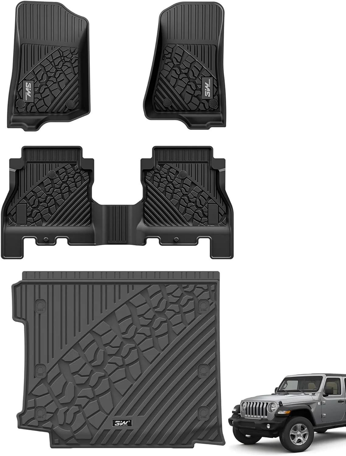 3W Floor Mats Floor Mats and Cargo Liner Fit for Jeep Wrangler JL 2018-2024 Unlimited 4-Door with Subwoofer (Non JK or 4XE) All-Weather TPE Black Floor Liner and Trunk Mats Full Set Car Mats