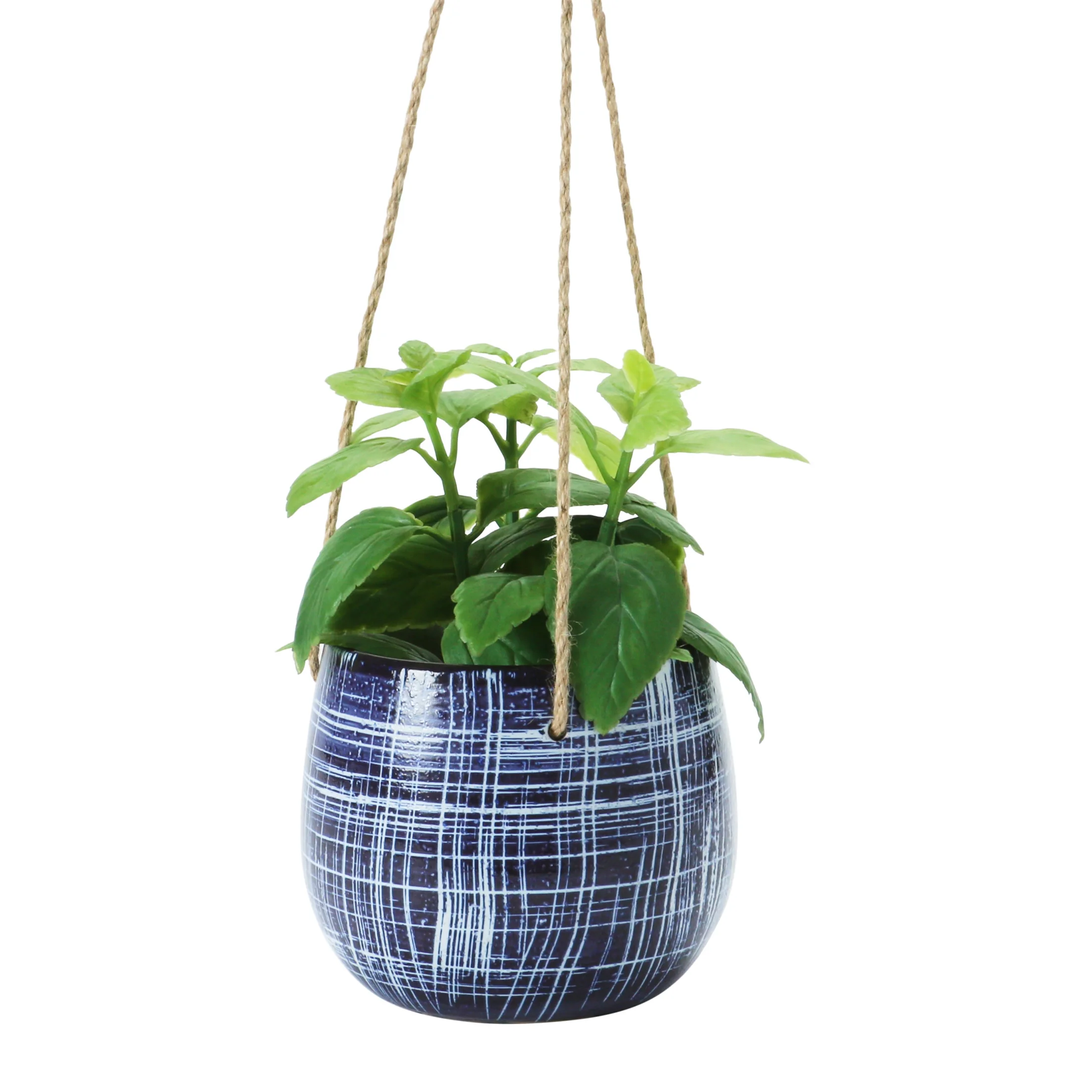 Creative Co-Op Round Hanging Stoneware Planter with Line Patterns and Jute Rope, Blue and Natural