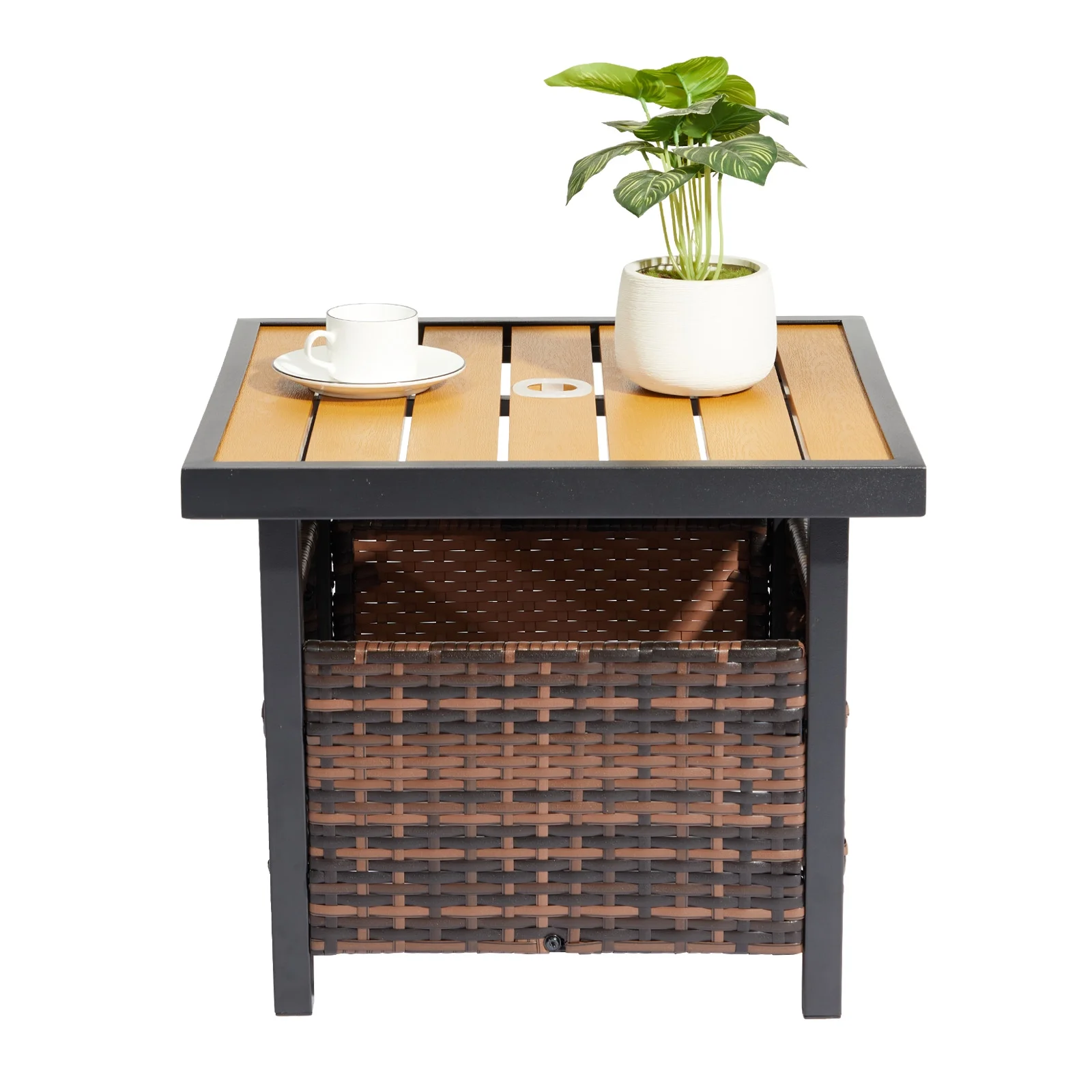 Outdoor Wicker Side Table with Umbrella Hole & Storage Space, PE Rattan End Table for Patio Garden Poolside Deck, Brown