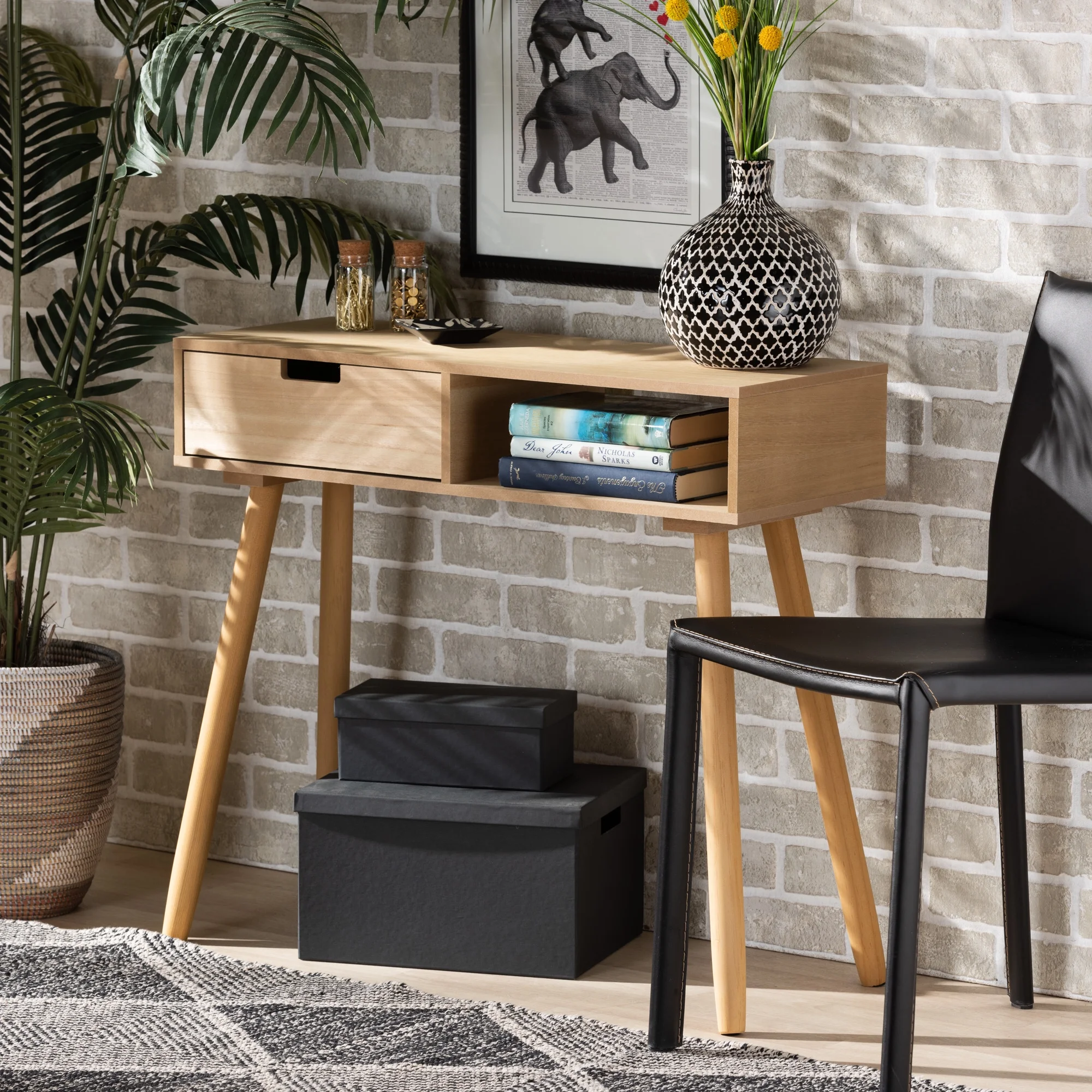 Baxton Studio Elwyn Mid-Century Wood 1 Drawer Console Table, Natural