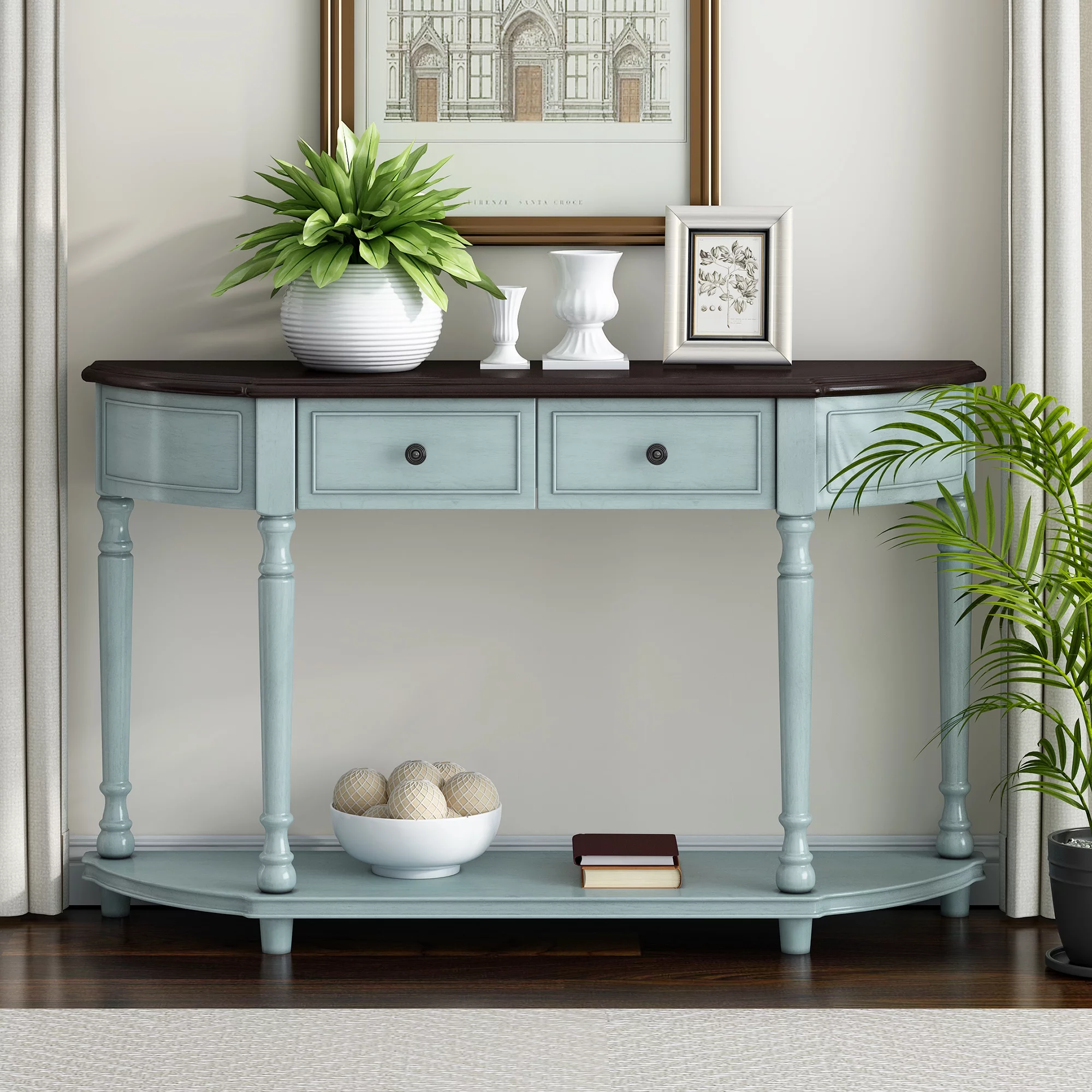 Retro Circular Curved Design Console Table with Open Style Shelf Solid Wooden Frame and Legs Two Top Drawers (Cherry + Antique Blue, OLD SKU: WF298768AAC)