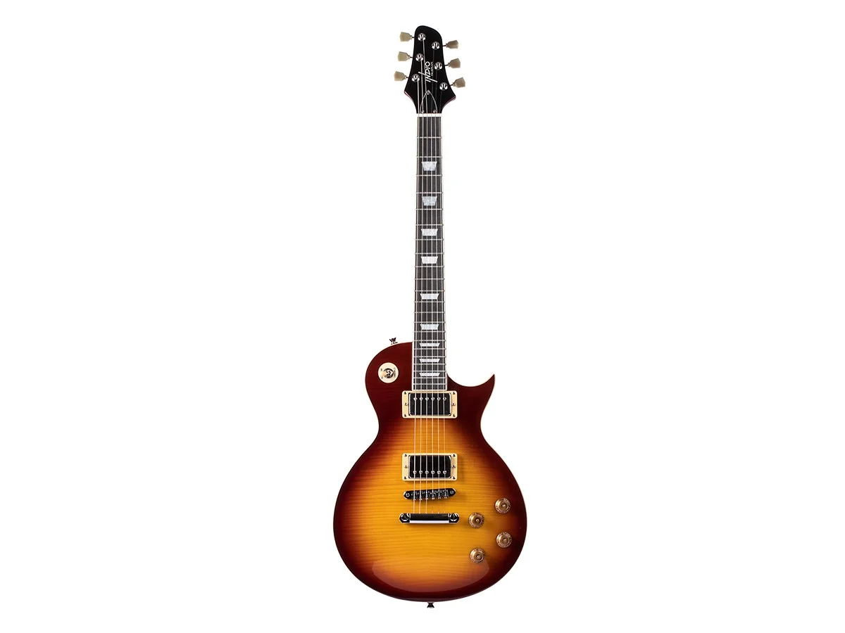 Monoprice 66 DLX Plus Electric Guitar with Mahogany Bound Body, Single‑cutaway Solid Body, 2x Humbuckers, and Includes Gig Bag - Indio Series