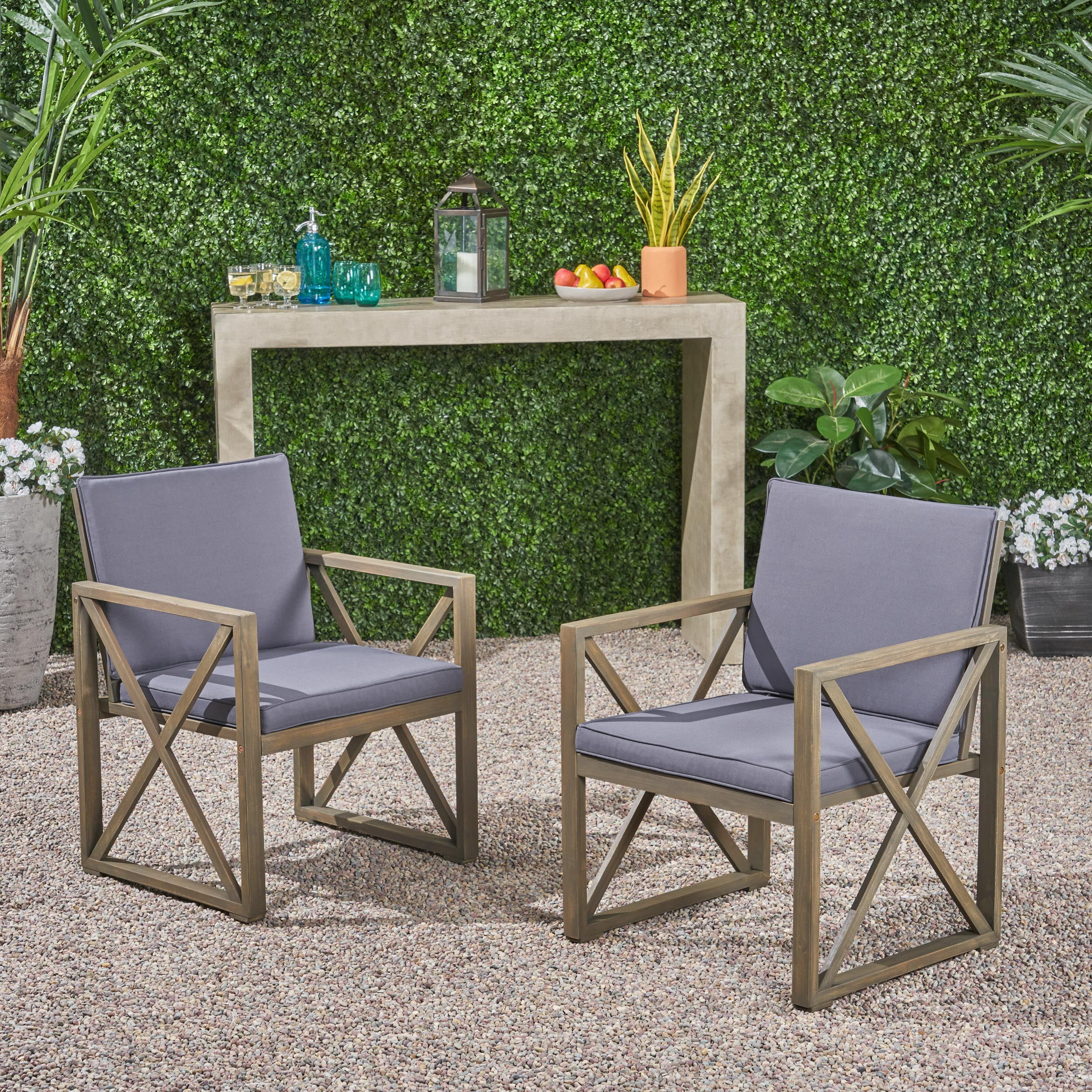 Maisie Outdoor Acacia Wood Club Chairs with Cushions, Set of 2, Gray, Dark Gray