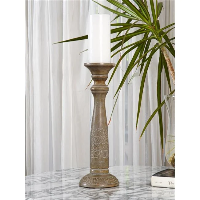 BBH Homes  15 in. Traditional Eco-friendly Handmade Mango Wood Pillar Candle Holder, Gray Wash