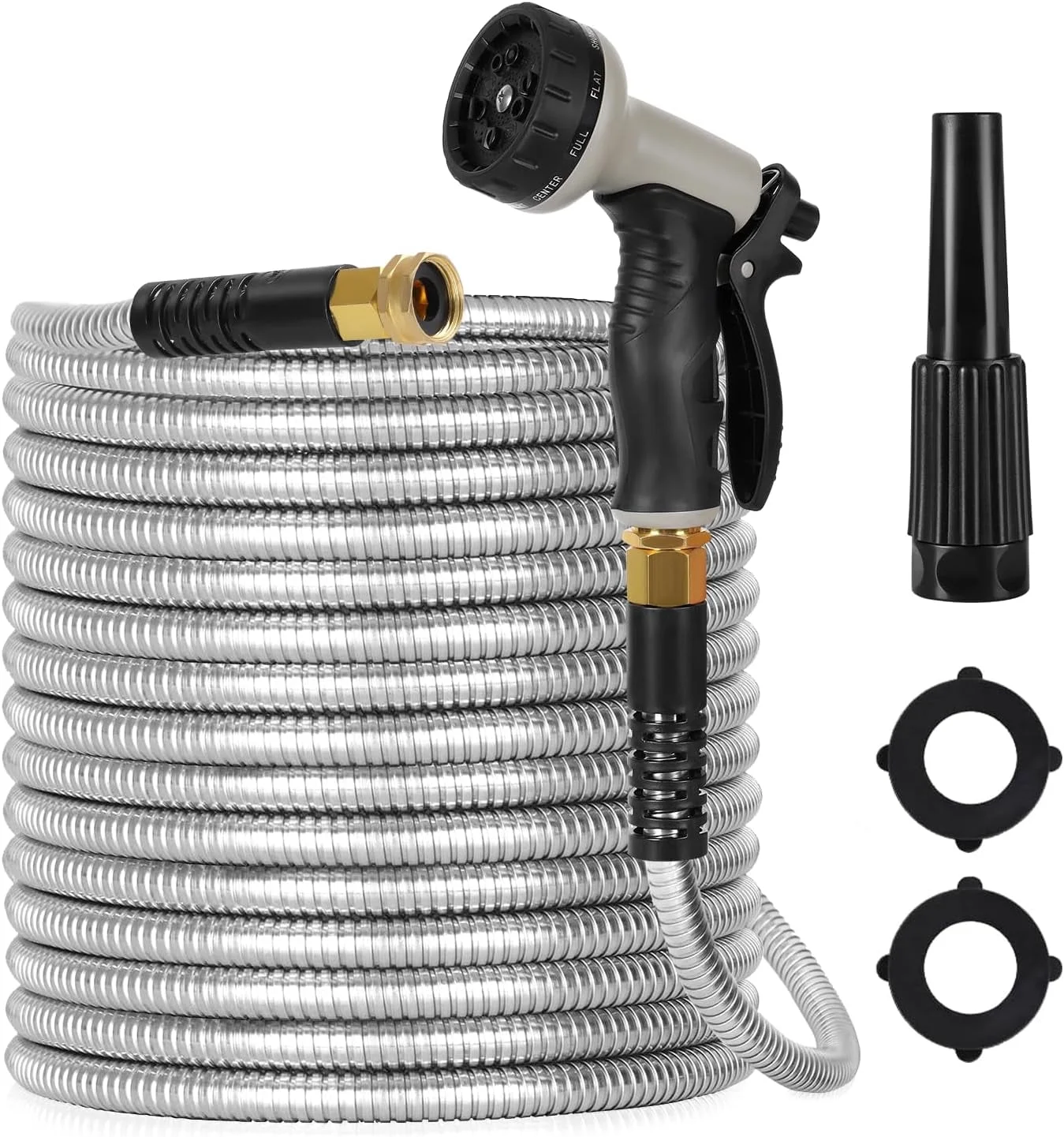 Metal Garden Hose, 100ft Stainless Steel Flexible Water Hose with 10 Adjustable Patterns Spray Nozzle, Heavy Duty Water Pipe with 3/4'' Connector, Kink Free & Tangle Free, 2 Nozzles