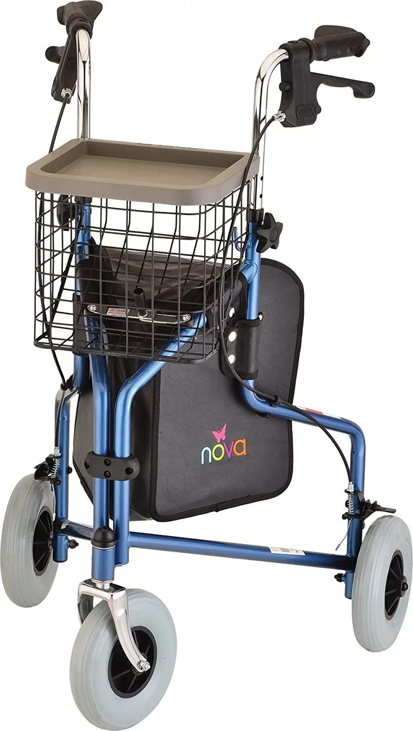 NOVA Traveler 3 Wheel Rollator Walker, All Terrain 8 Wheels, Includes Bag, Basket and Tray - Blue
