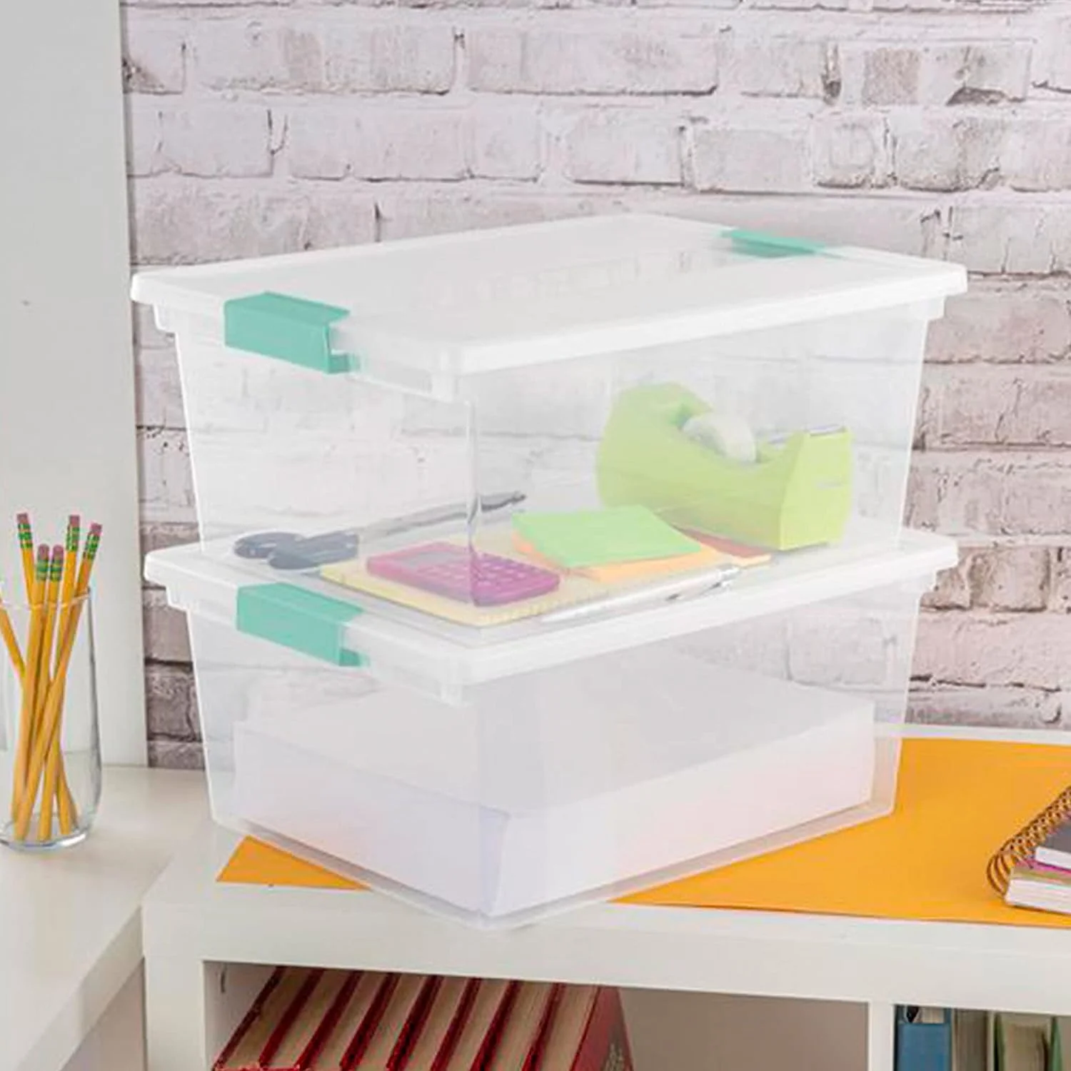 Deep Clip Box, Stackable Small Storage Bin with Latching Lid, Plastic Container to Organize Paper, Office, Home, Clear Base and Lid, 12-Pack