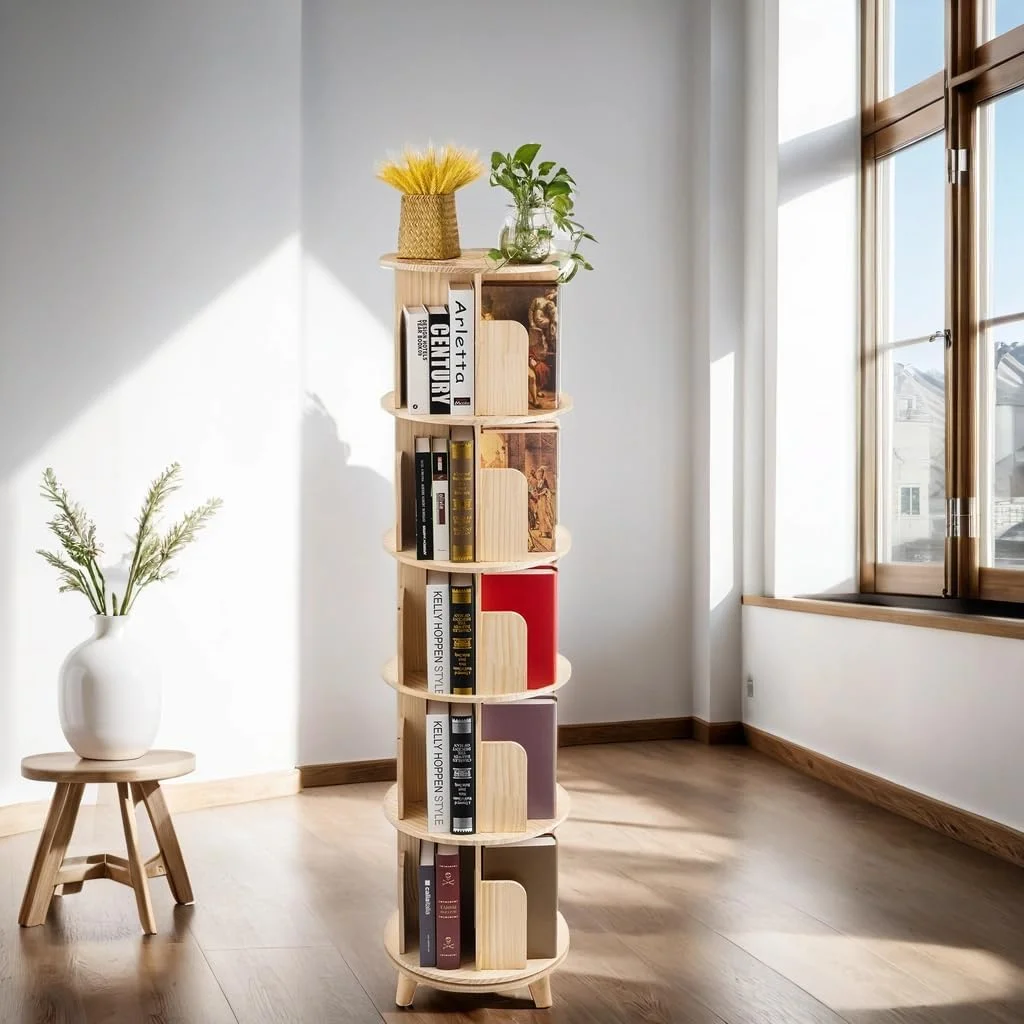 5 Tier Rotating Bookcase With Legs,360°Display Wood Round Bookshelf,Swivel Bookcase