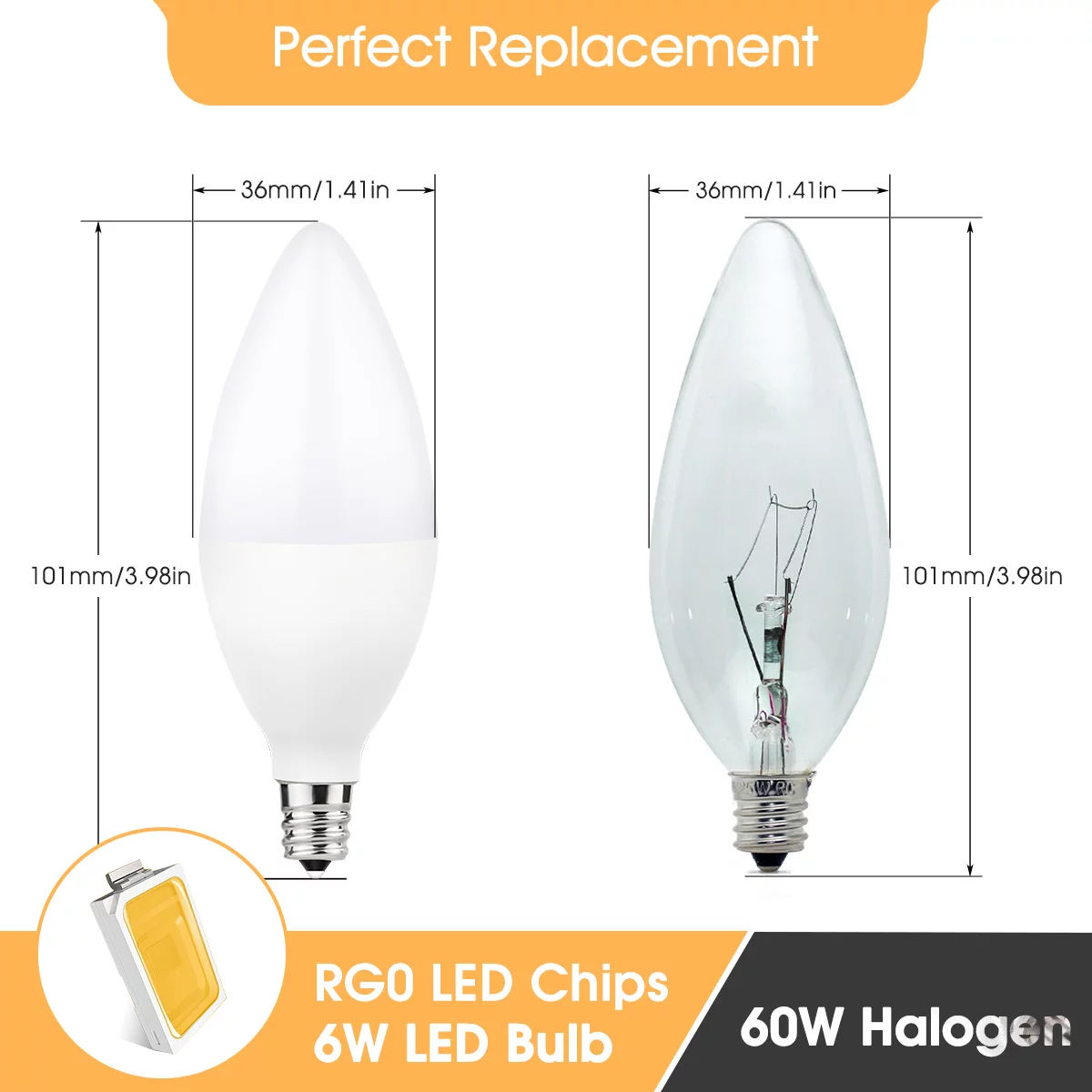 YANSUN E12 LED Candelabra Light Bulbs 6W, Warm White 5000K Chandelier Bulbs, 60 Watt Equivalent, 550 Lumens, E12 Base, 6 Pack