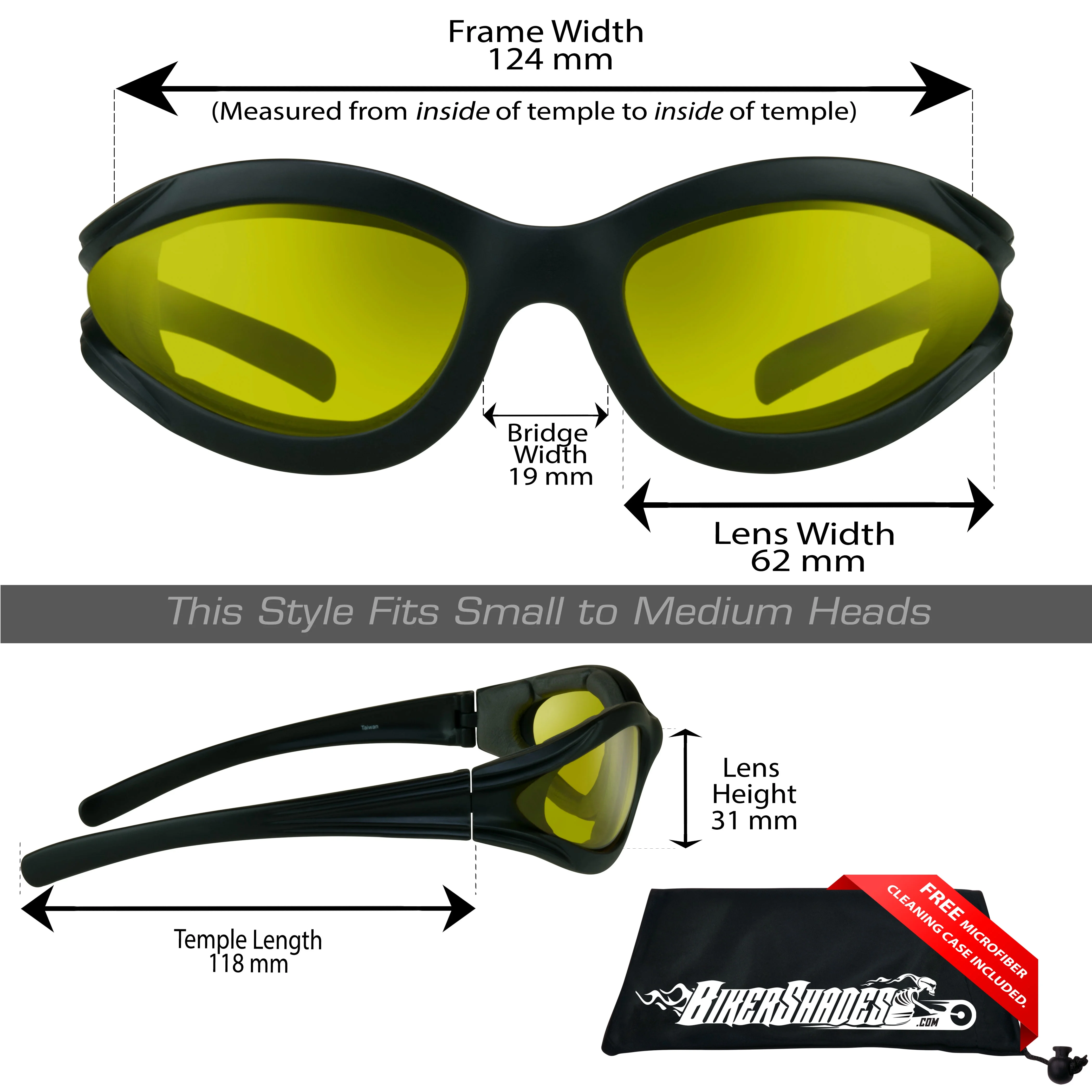 Bikershades Motorcycle Riding Safety Sunglass Yellow Lense Foam Padded Men Women Wind Dust Proof