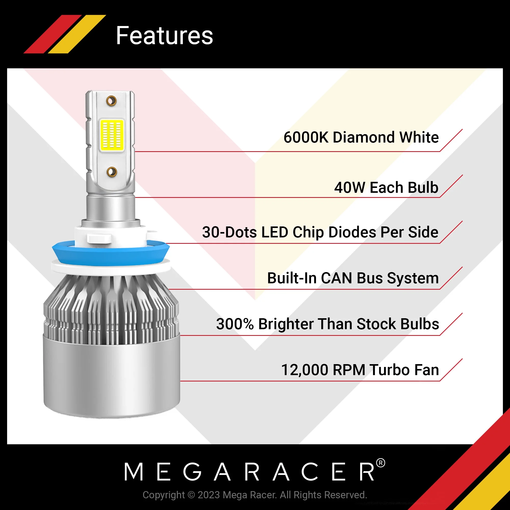 Mega Racer BMW 740i H11 H9 H8 LED Headlight Bulbs 6000K Diamond White 12V 40W 8000LM BMW 740i 2010 2011 2012 41193 Fog Light Automotive Replacement