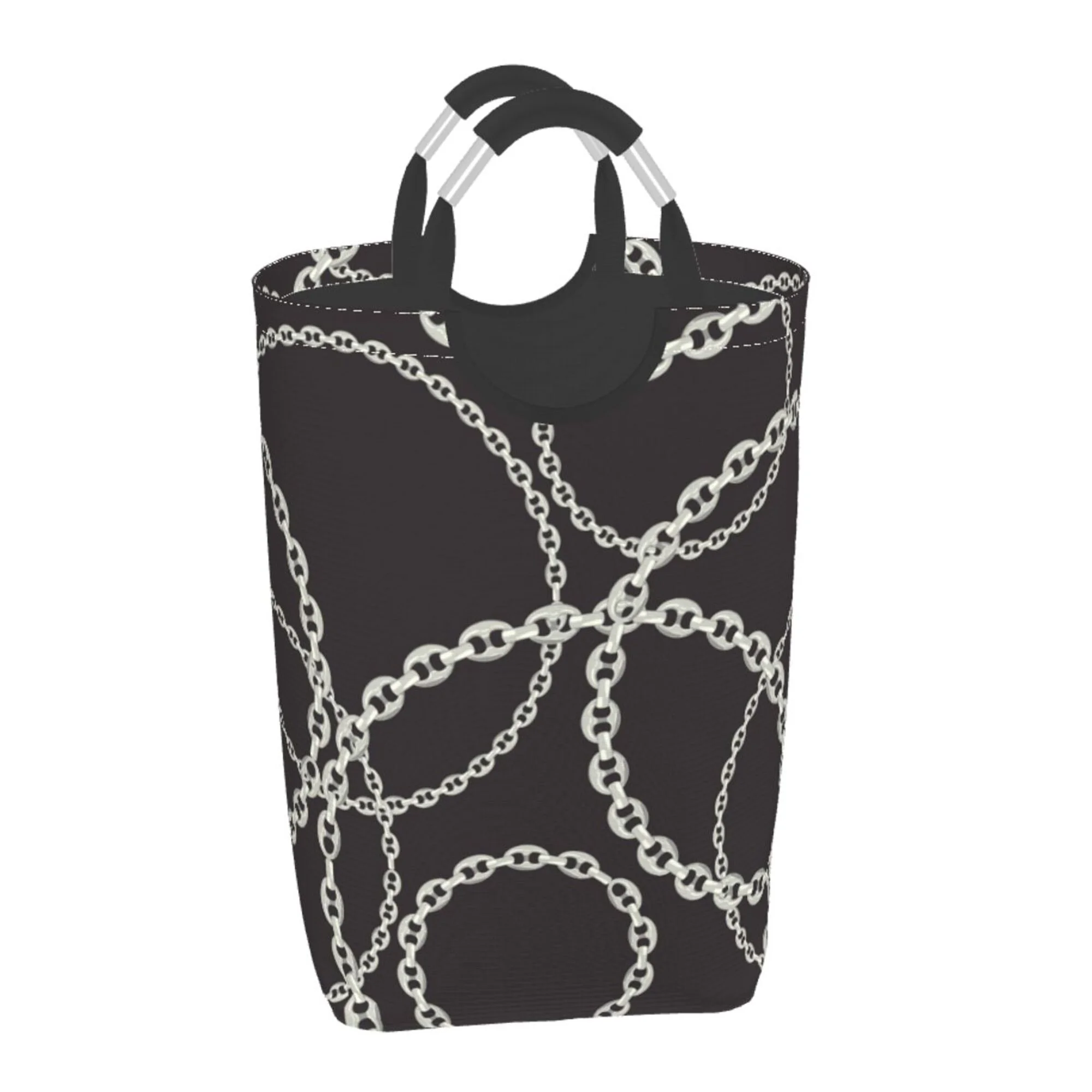 TEQUAN 50L Large Rectangular Laundry Hamper with Aluminum Handles, Fashion Silver Chains Texture Prints Waterproof Foldable Dirty Clothes Basket