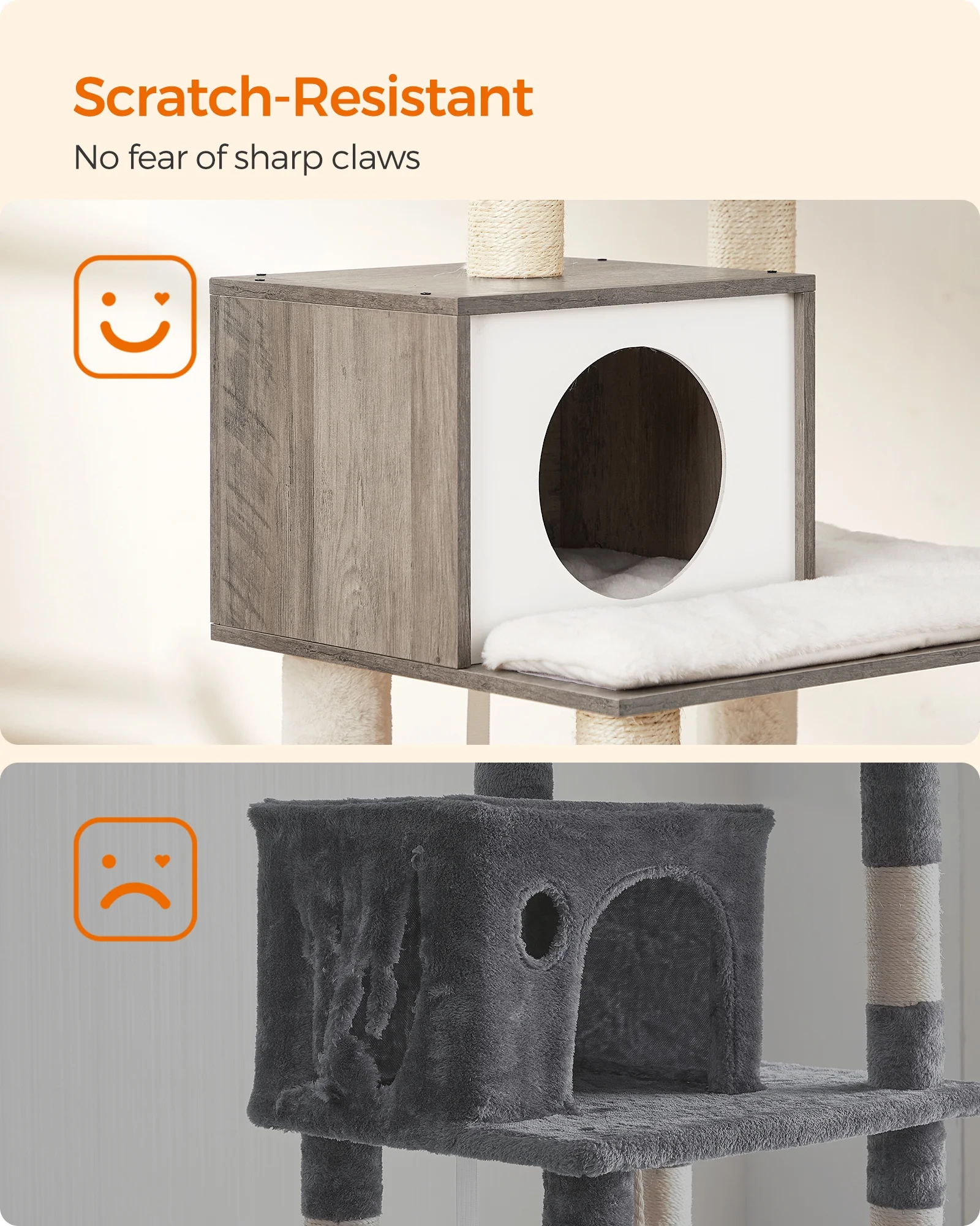 Feandrea WoodyWonders Cat Tree - Modern 54.3-Inch Multi-Level Cat Tower, Ultra-Soft Plush, Heather Greige