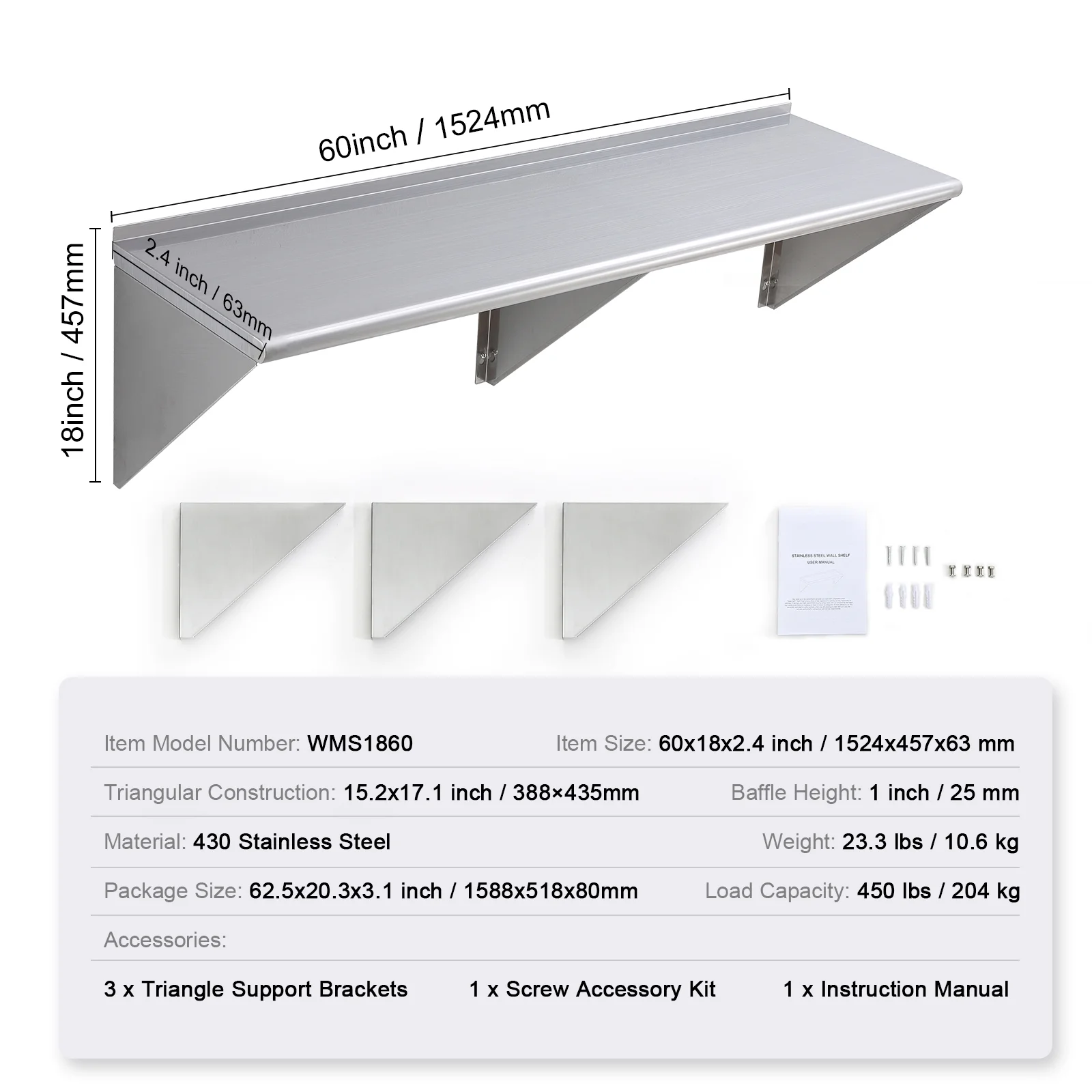SKYSHALOStainless Steel Wall Mounted Shelf Kitchen Restaurant Shelving 60