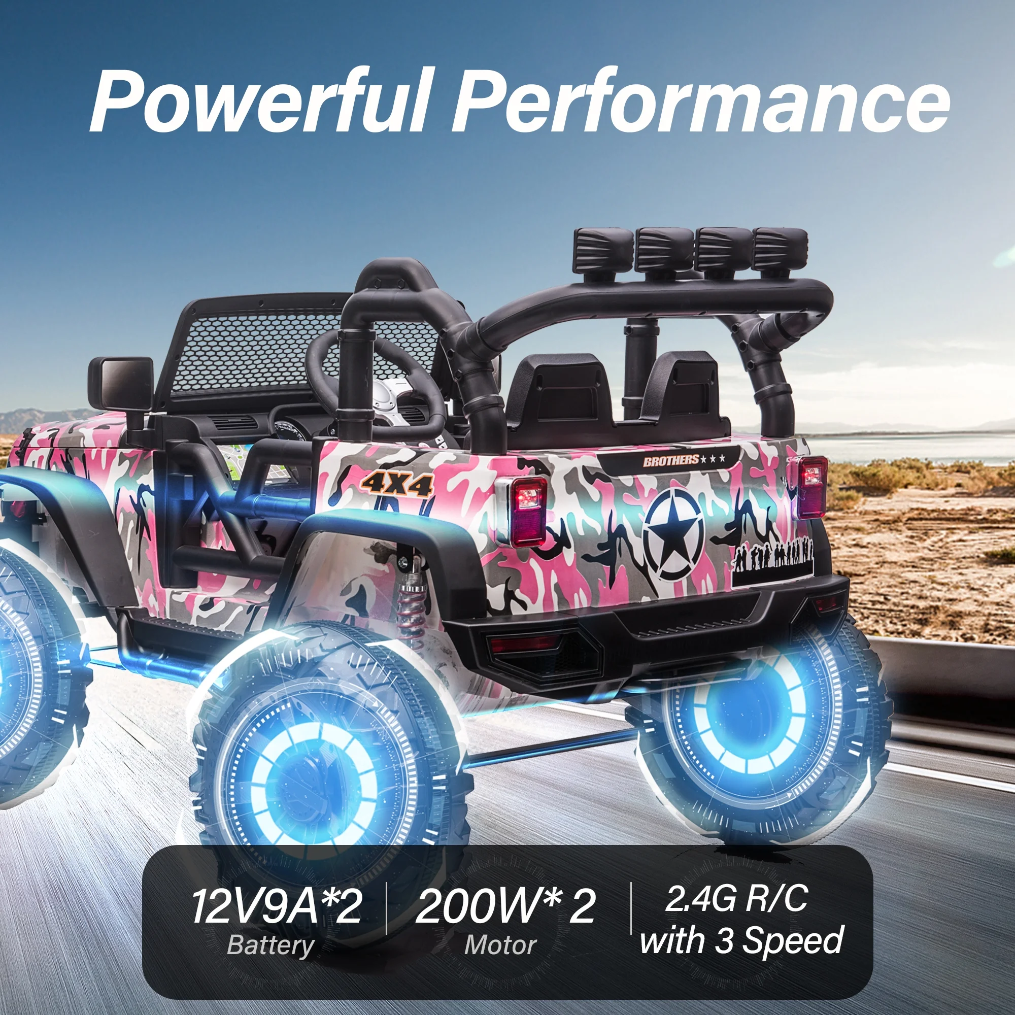 Ufurpie 24V JEEP Double Drive Children Ride-on Car With 200W*2 12V9AH*2 Battery,Parent Remote Control,Led Lights,Music Board with Bluetooth/MP3,Pink Camo