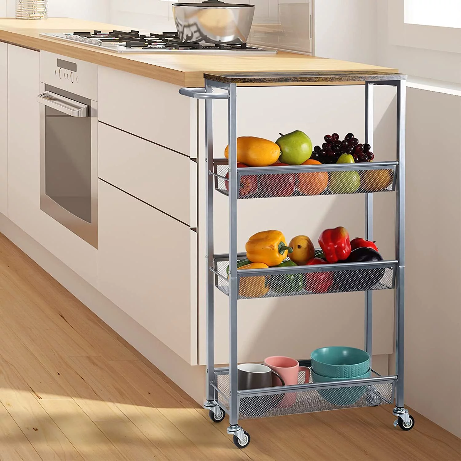 4 Tier Slim Storage Cart Kitchen Narrow Cart Shelving Unit Rolling Cart w/Handle