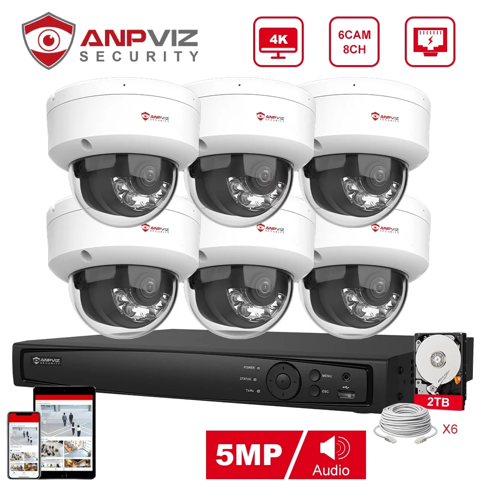 Anpviz 8CH 4K PoE Home Security Camera System, 5MP H.265+ NVR AI CCTV System and 6PCS IP Dome Camera With 2TB HDD, Human Vehicle Detection, Night Vision