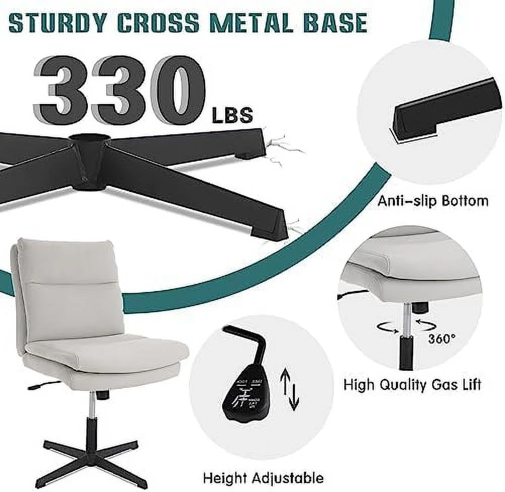 TJUNBOLIFE Armless Home Office Desk Chair No Wheels  Modern Double Padded Ergonomic Vanity Chair  Mid-Back Height Adjustable Cushioned Swivel Task Chairs  Wide Seat (Creamy White)