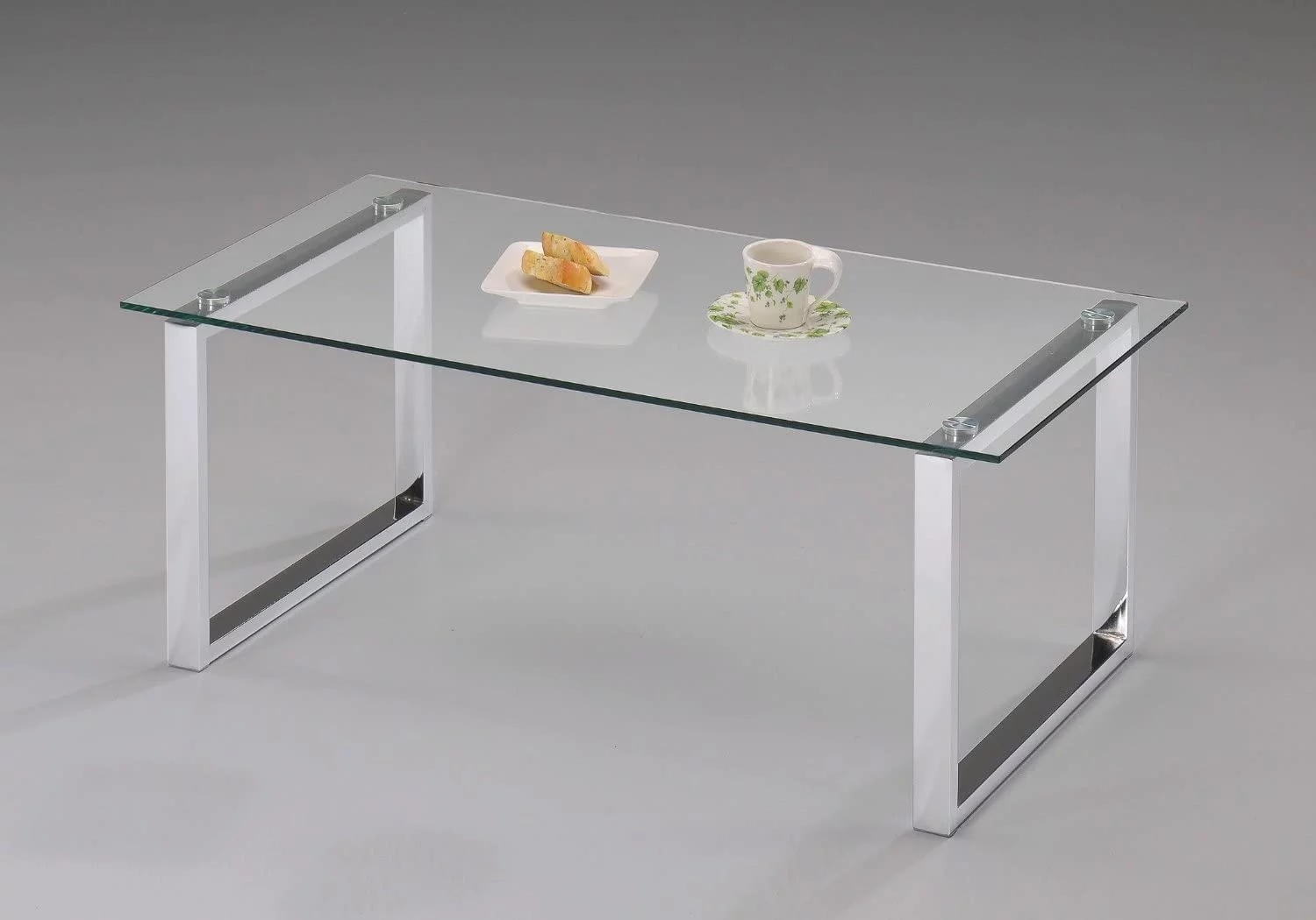 CGFHYP Bevan Glass Top Metal Frame Square Coffee Table  Chrome  Clear White  Silver