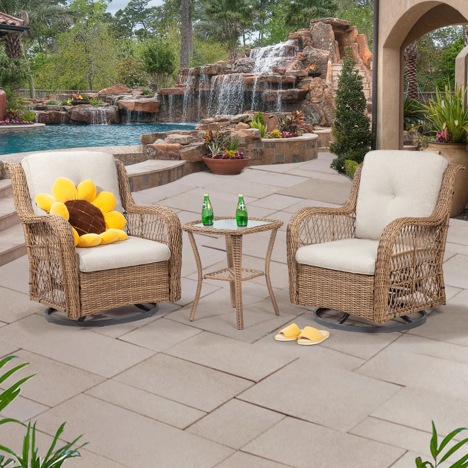 Meetleisure 3-Piece Outdoor Steel And Wicker Swivel Rocker Patio Chairs; Beige