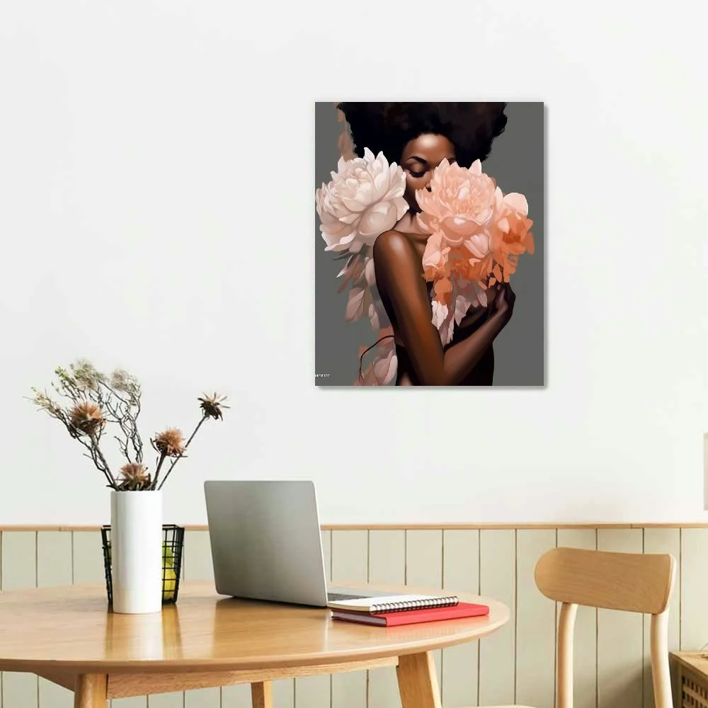 COMIO African American Wall Art Pink Flower on Black Women Head Vintage Canvas Art Paintings Modern Abstract  Picture Home Wall Decor for Bedroom Living Room