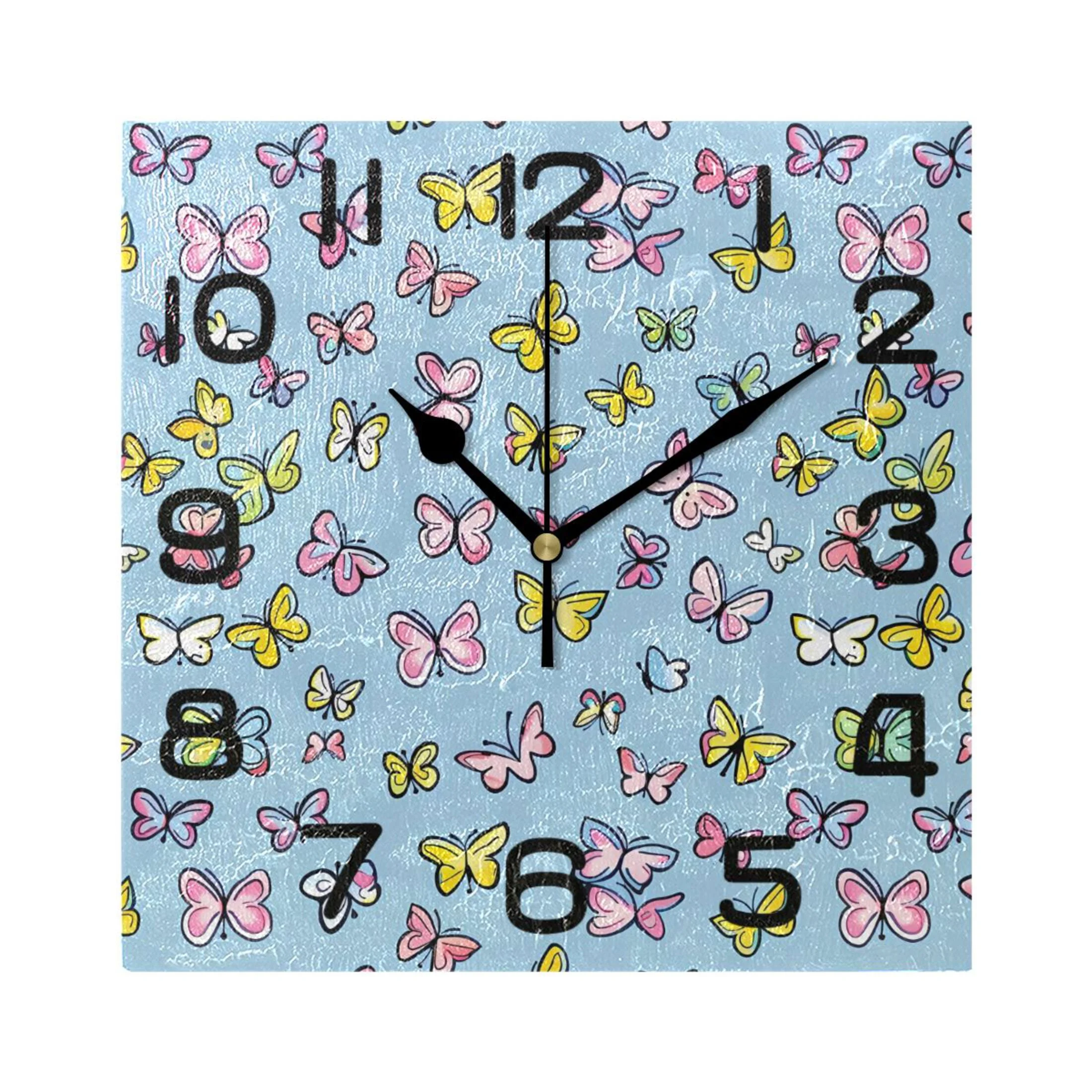 Wall Clock Square Silent Non-Ticking Butterfly on Blue Retro Battery Operated Clock 7.78 inch Home Kitchen Office Decoration