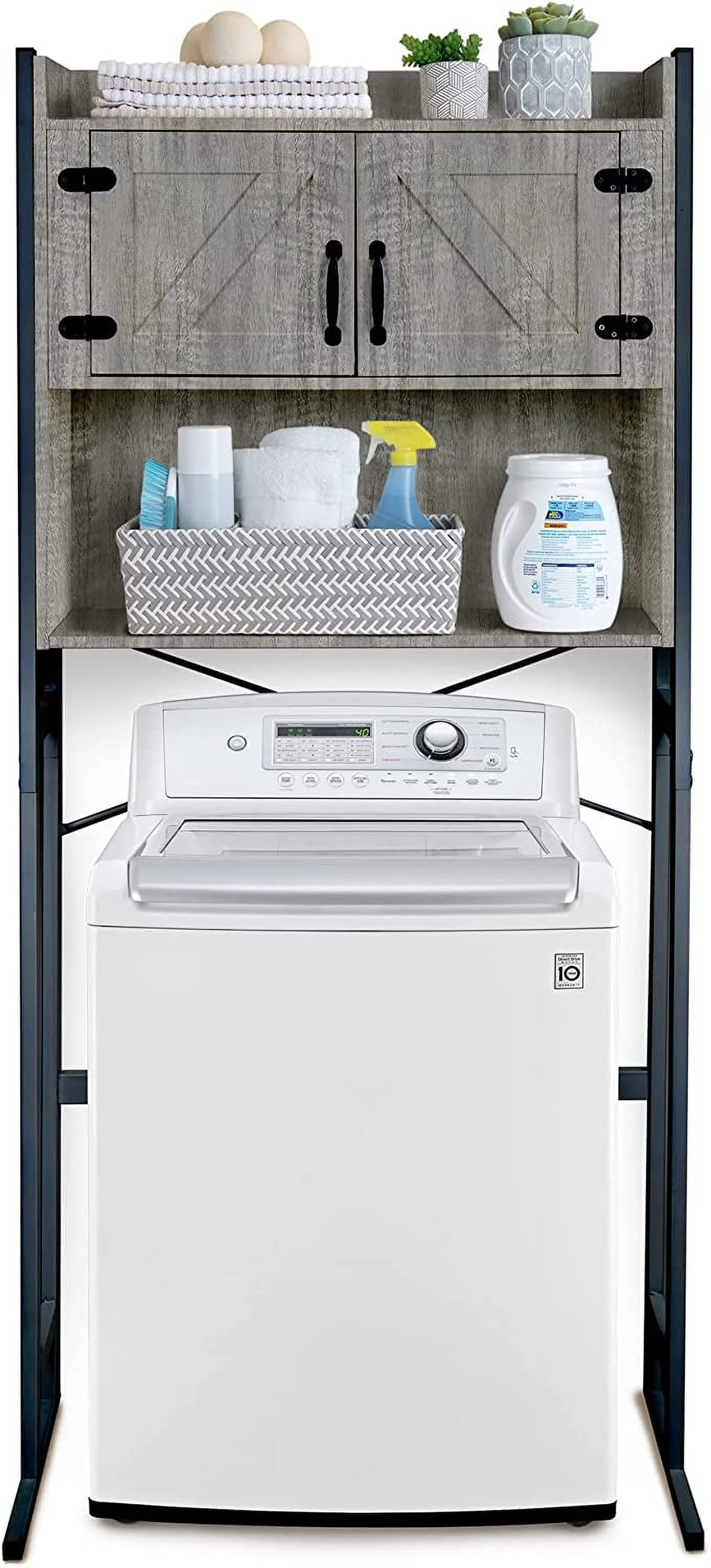 Washer Or Over The Toilet Storage Cabinet W/Height Adjustable Shelf Laundry Room/Bathroom Organizer, 2-Door Freestanding Rack Space Saver, Grey