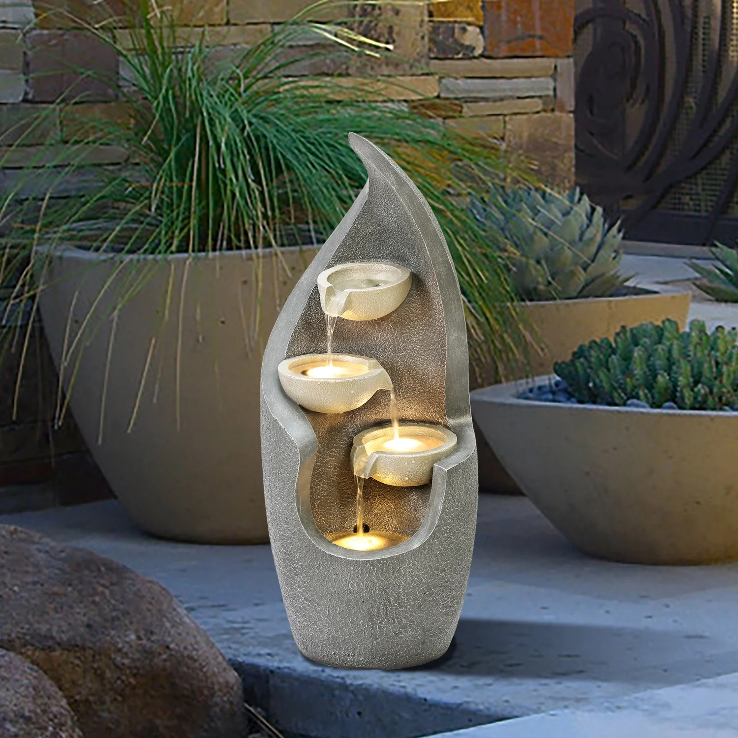 HomeStock Classic Comfort Gray Curves Cascading Bowls Resin Outdoor Fountain With Led Lights