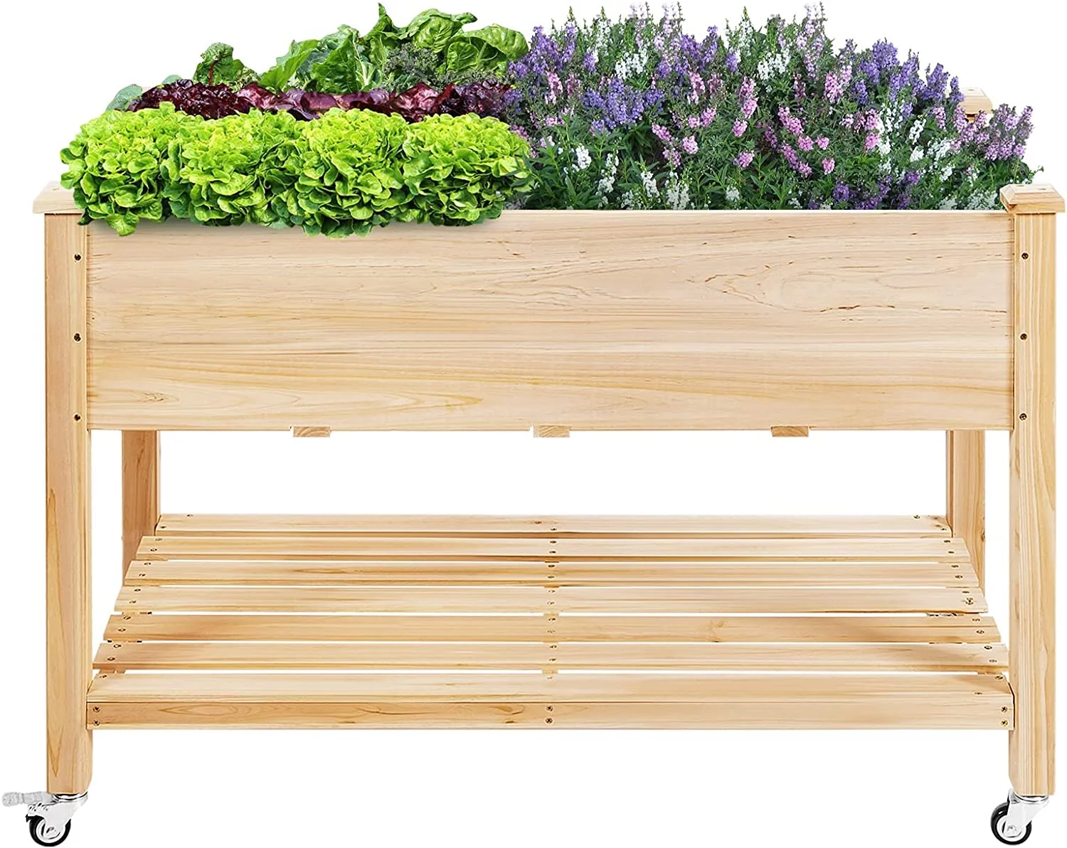 Raised Garden Bed with Wheels, Wood Planter Box with Storage Shelf for Vegetables, Flowers & Herbs, Elevated Garden Planter Bed for Backyard, S, Balcony, 47.5”L x 23.5”W x 33”H