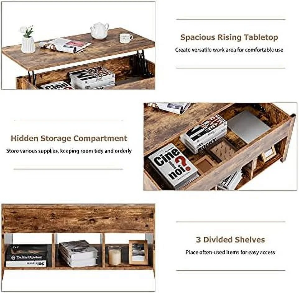 YPDCHB Lift Top Coffee Table  Wood Home Living Room Modern Lift Top  Coffee Table w/Hidden Compartment Lift Tabletop  (Rustic Brown)