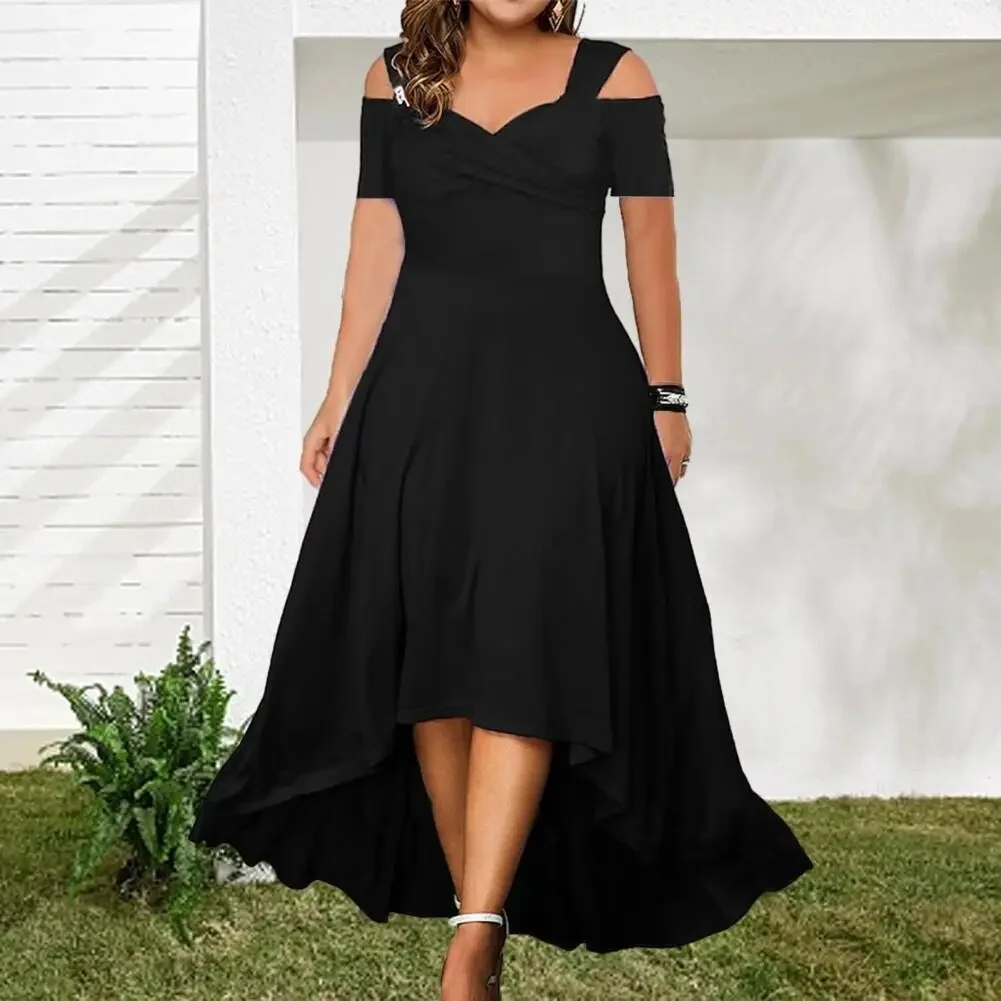 Off-Shoulder Summer Dress V-neck Flared Large Hem Slim Fit Elegant Women Plus Size Solid Long Dress Casual Party Wear