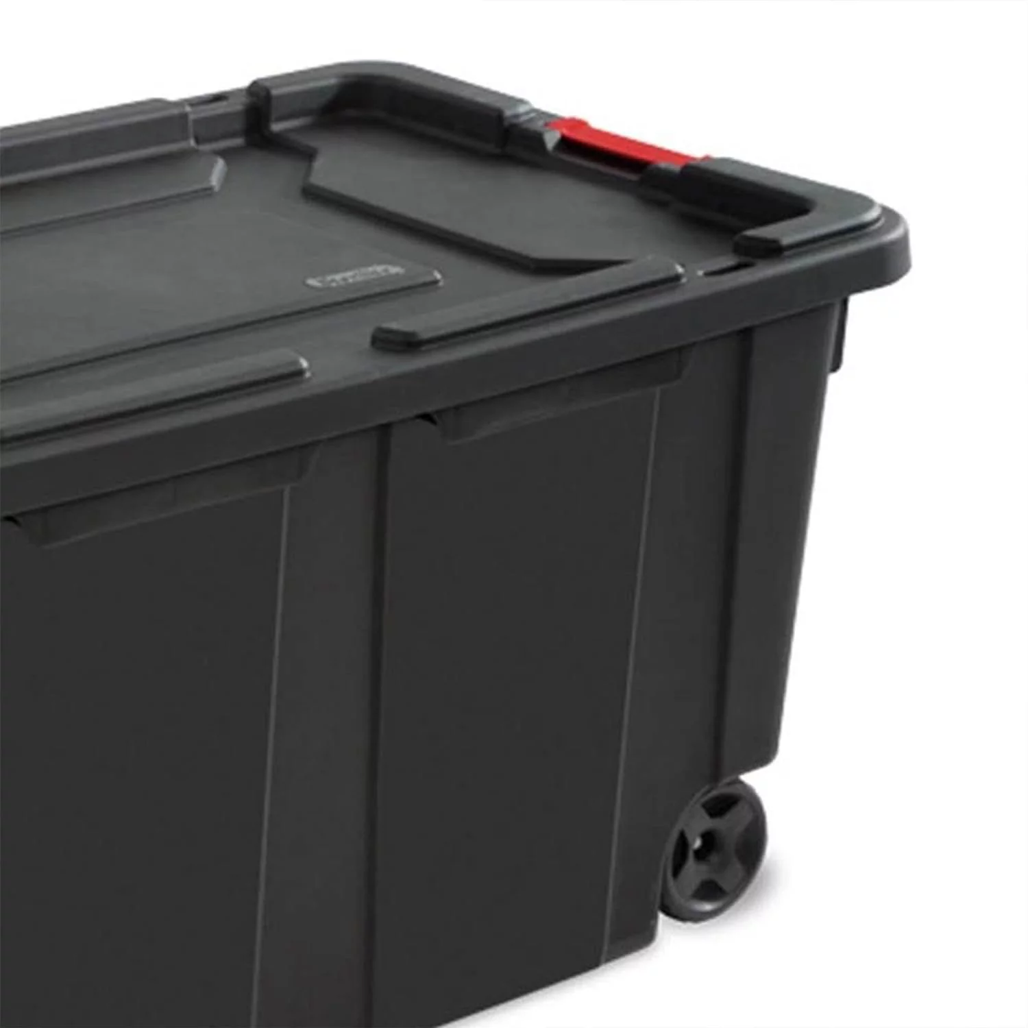 40 Gal Wheeled Industrial Tote, Stackable Storage Bin With Lid, Plastic Container With Heavy Duty es, Black Base And Lid, 4-Pack
