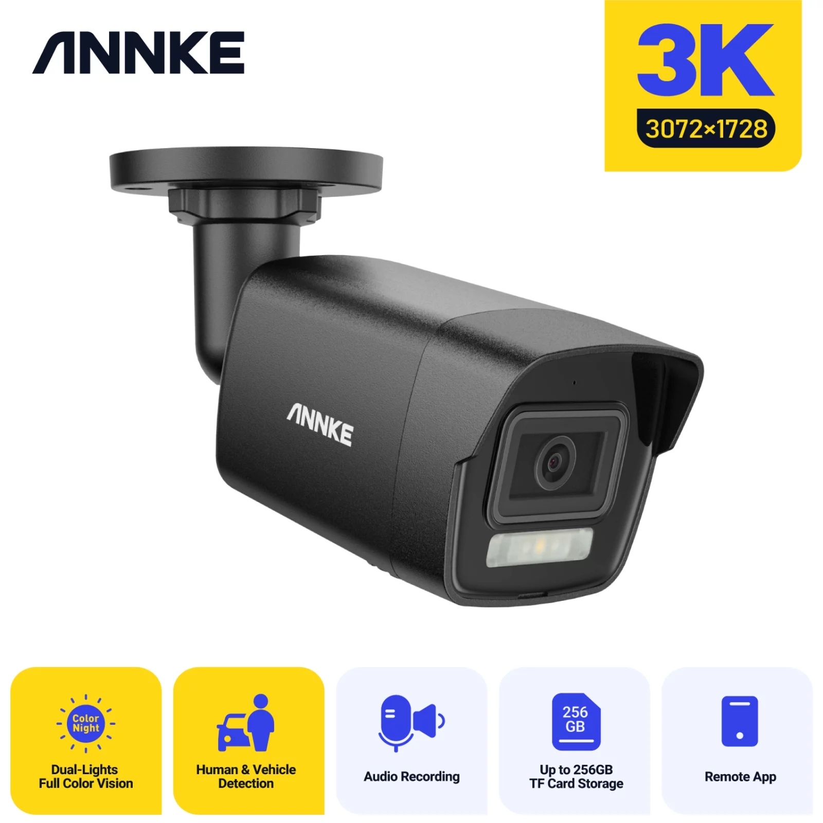 ANNKE 3K Outdoor POE Camera, H.265+Bullet IP Security Camera, Human & Vehicle Detection, Built-in Microphone, IP67 Waterproof, 2.8mm Lens 114° View Angle, Spotlight Color Night Vision-Black