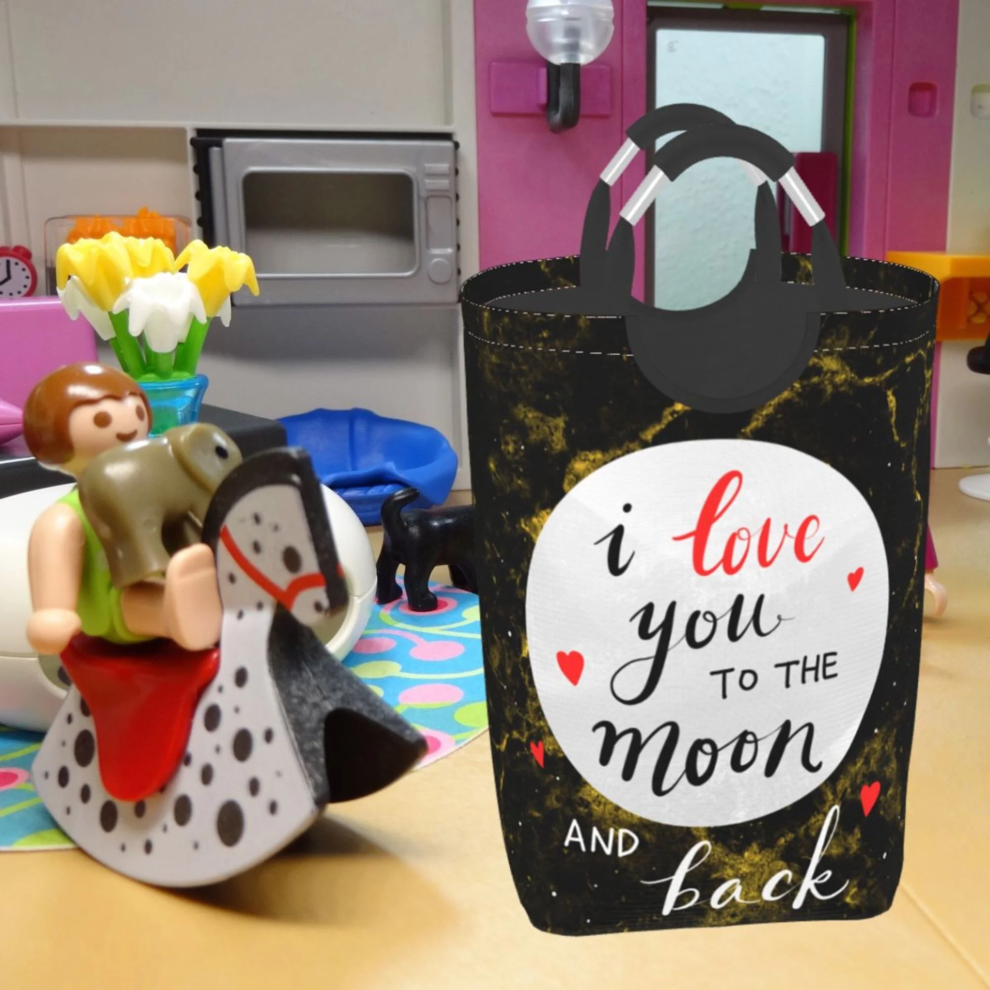 TEQUAN 50L Large Rectangular Laundry Hamper with Aluminum Handles, I Love You Text Prints Waterproof Foldable Dirty Clothes Basket