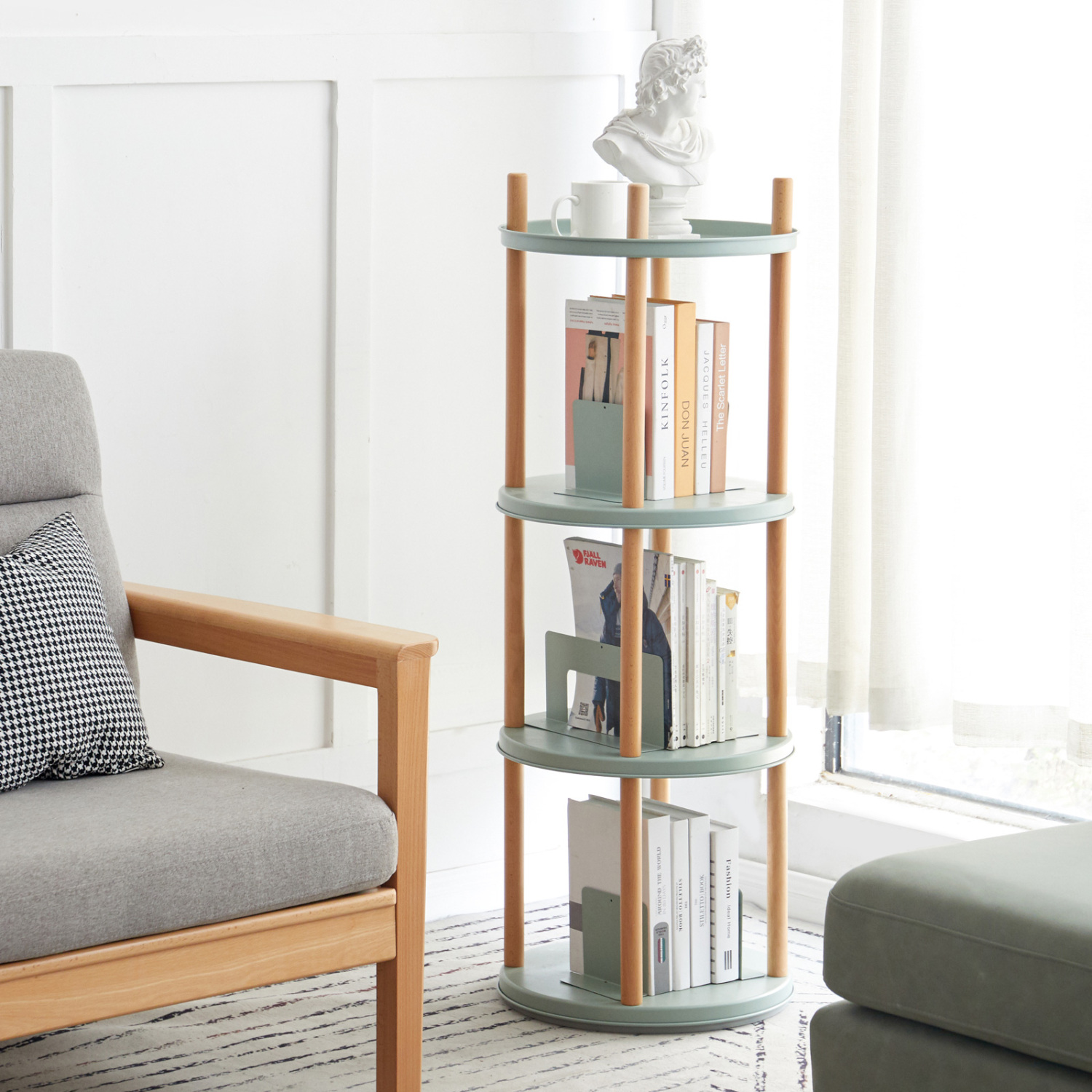 DremFaryoyo   ° Rotating Bookshelf  4 Tier Bookcase w/ Large-Capacity  Space  Multifunctional  Rack  Compact Design  Standing   Room  Bedroom  Study Room  Kitchen