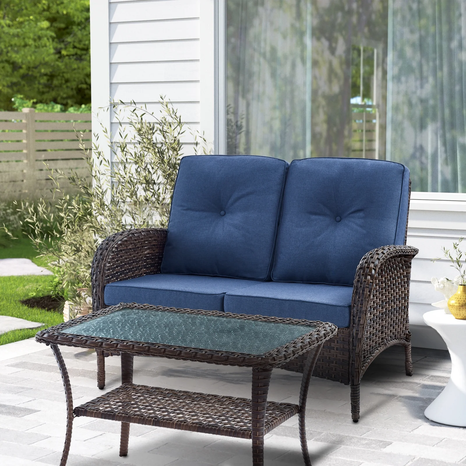 POCASSY Brown Rattan Patio Loveseat with Cushions