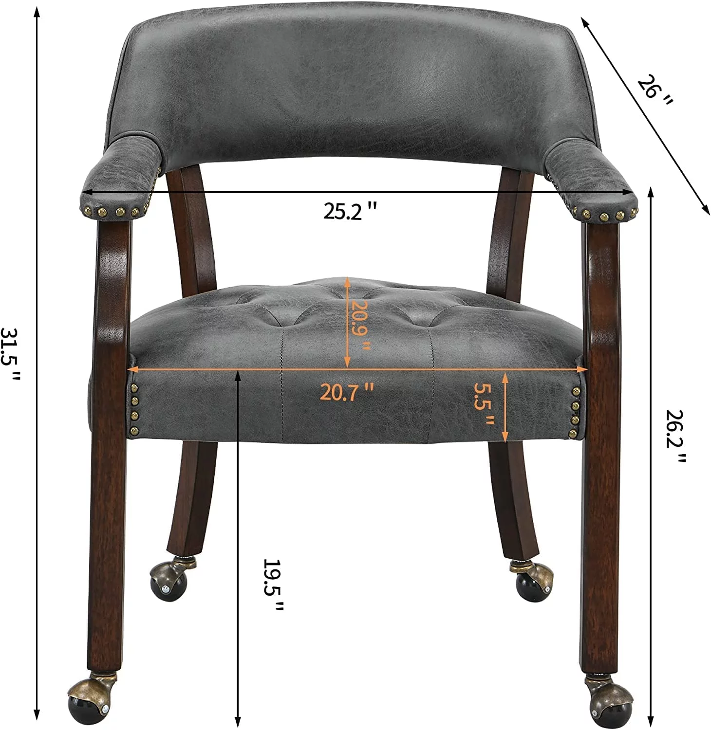 Big Dining Roller Chair with Arms, Solid Wood Office Table Side Chairs with Wheels, Boss Captains Rolling Chair, 26“Dx25.2 Wx31.5“H, Espresso&Grey Fabric, 318GY