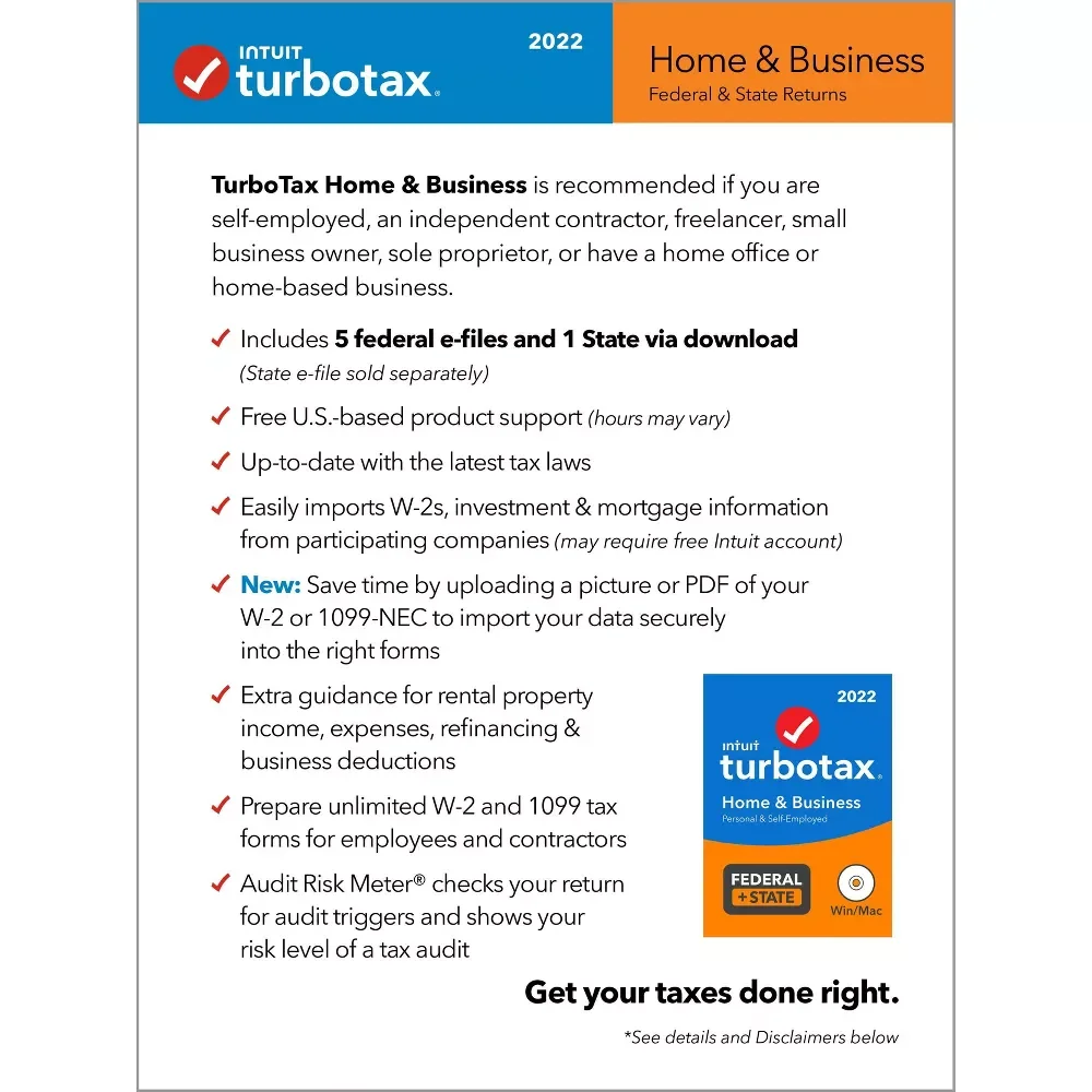 Intuit TurboTax Home and Business Federal, E-File and State 2022 for Windows
