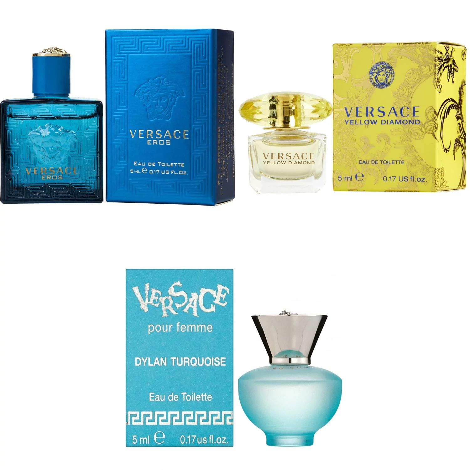 Versace Eros Men EDT, Yellow Diamond  EDT, Dylan Turquoise Femme  - 5ml 3PK Miniature Perfumes Custom Bundle