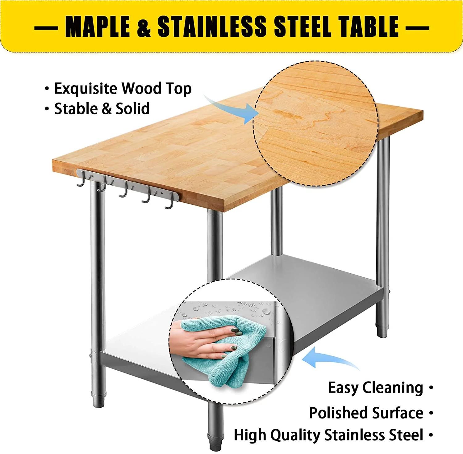 VEVOR Maple Top Work Table, 36 x 24 Inches Stainless Steel Kitchen Prep Table Wood, 1.5 Inches Thick Kitchen Maple Table with Lower Shelf and Feet, Stainless Steel Table for Home and Kitchen