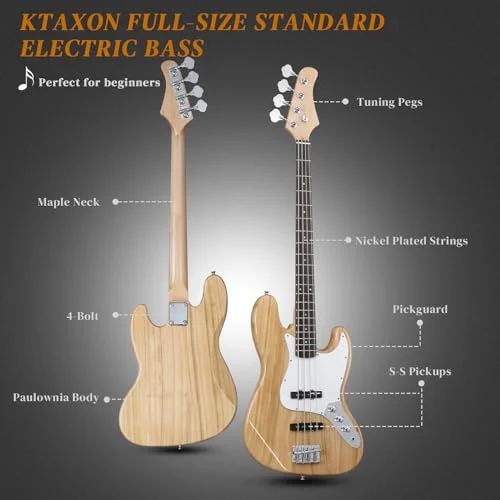 Ktaxon Electric Bass Guitar with 20Watt Amplifier, 4 String Right Handed Jazz Bass Kit for Beginner & Professionals W/a Bag, Shoulder Strap, Guitar Pick, Wrench Tool - Brown Sunburst